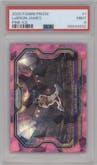 LeBron James from the 2020-21 Panini Prizm set featuring a Pink Ice parallel graded by PSA and given an overall grade of 9.