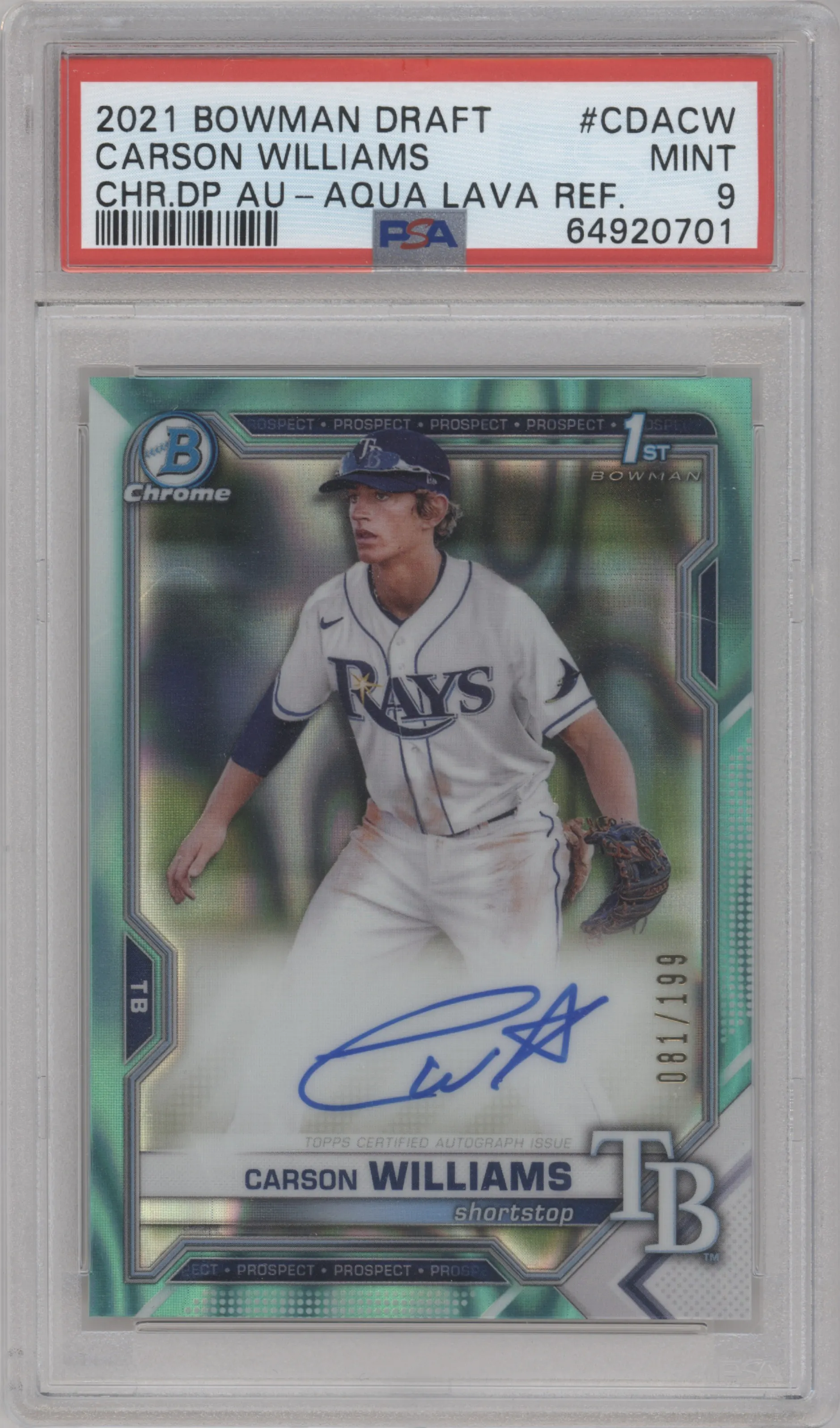2021 Bowman Draft Chr.DP Auto Carson Williams Aqua Lava Refractor PSA 9