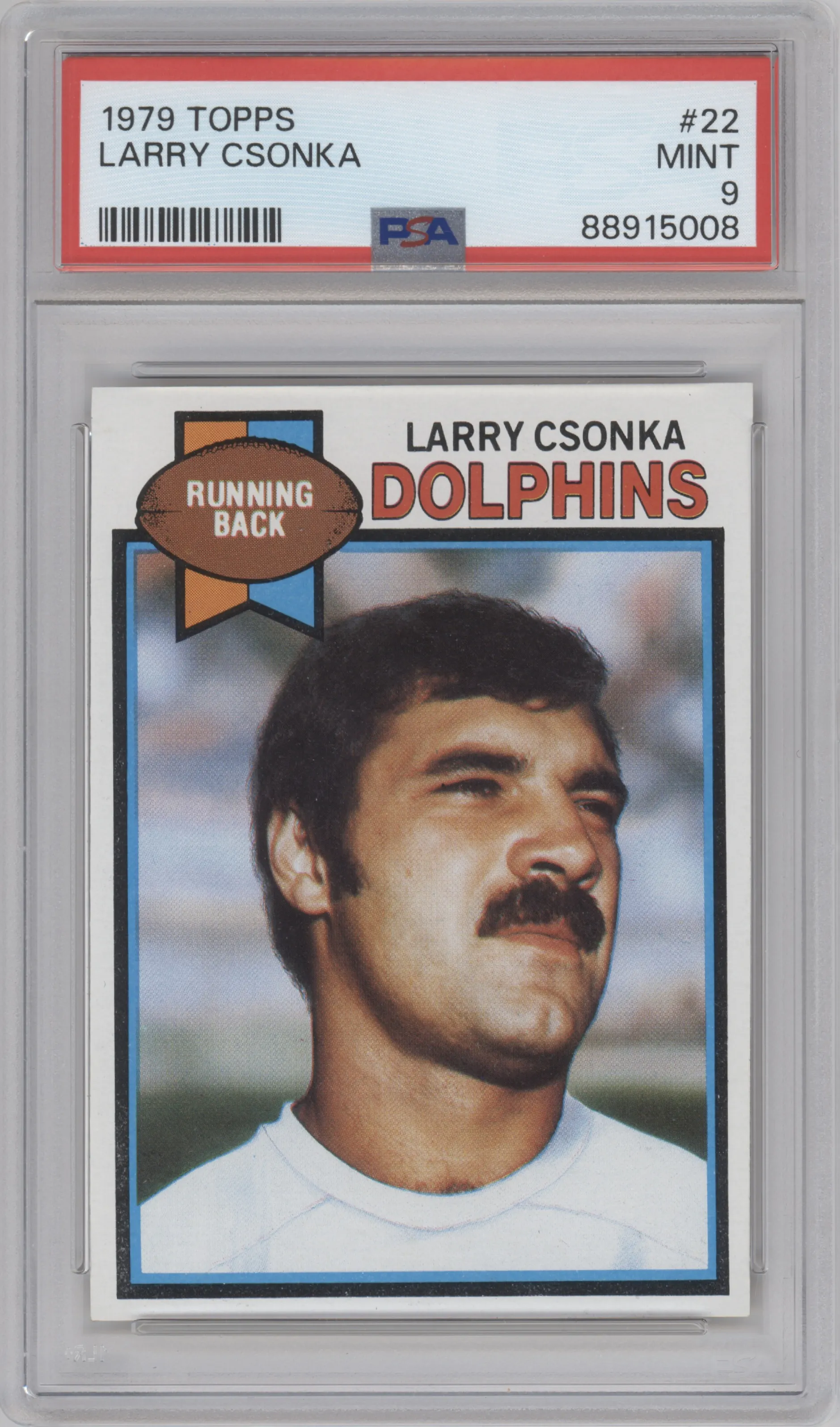 Larry Csonka from the 1979 Topps set graded by PSA and given an overall grade of 9.
