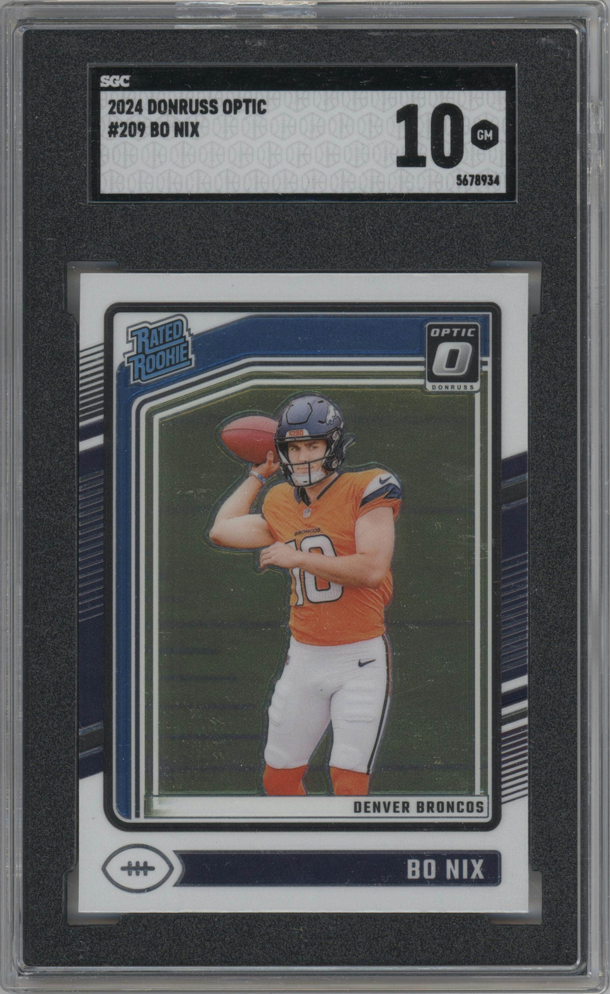 Bo Nix from the 2024 Donruss Optic set graded by SGC and given an overall grade of 10.