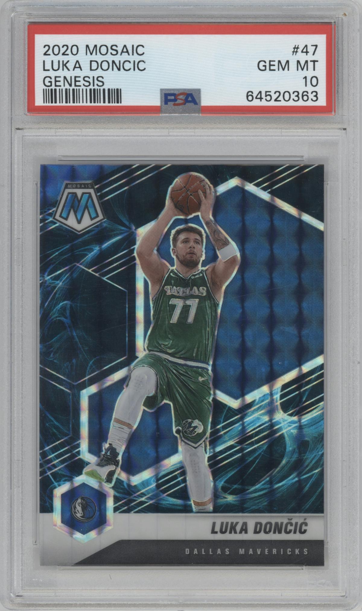 Luka Doncic from the 2020-21 Panini Mosaic set featuring a Genesis  parallel graded by PSA and given an overall grade of 10.