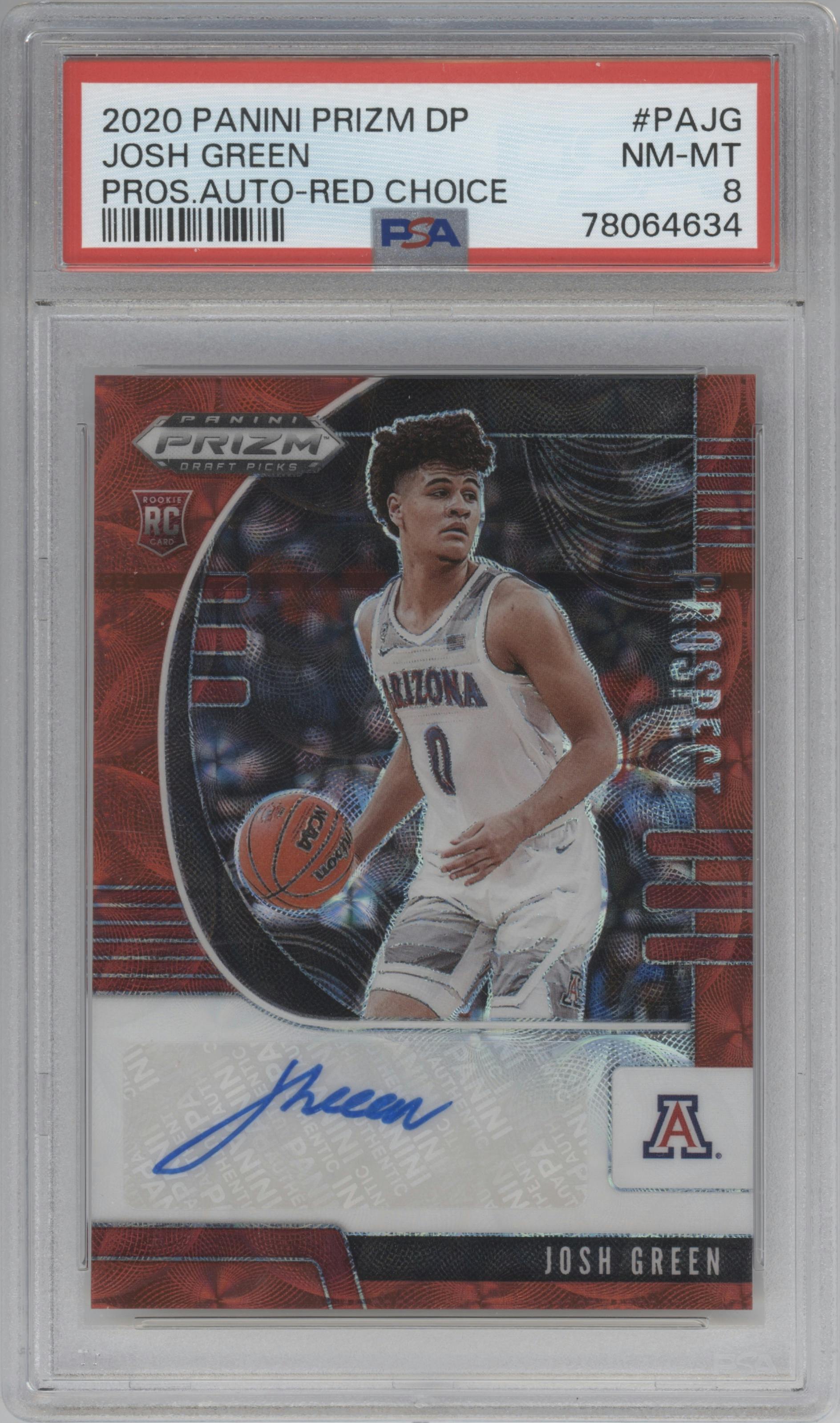 Josh Green from the 2020-21 Panini Prizm Draft Picks set featuring a Choice Red Prizm parallel graded by PSA and given an overall grade of 8.