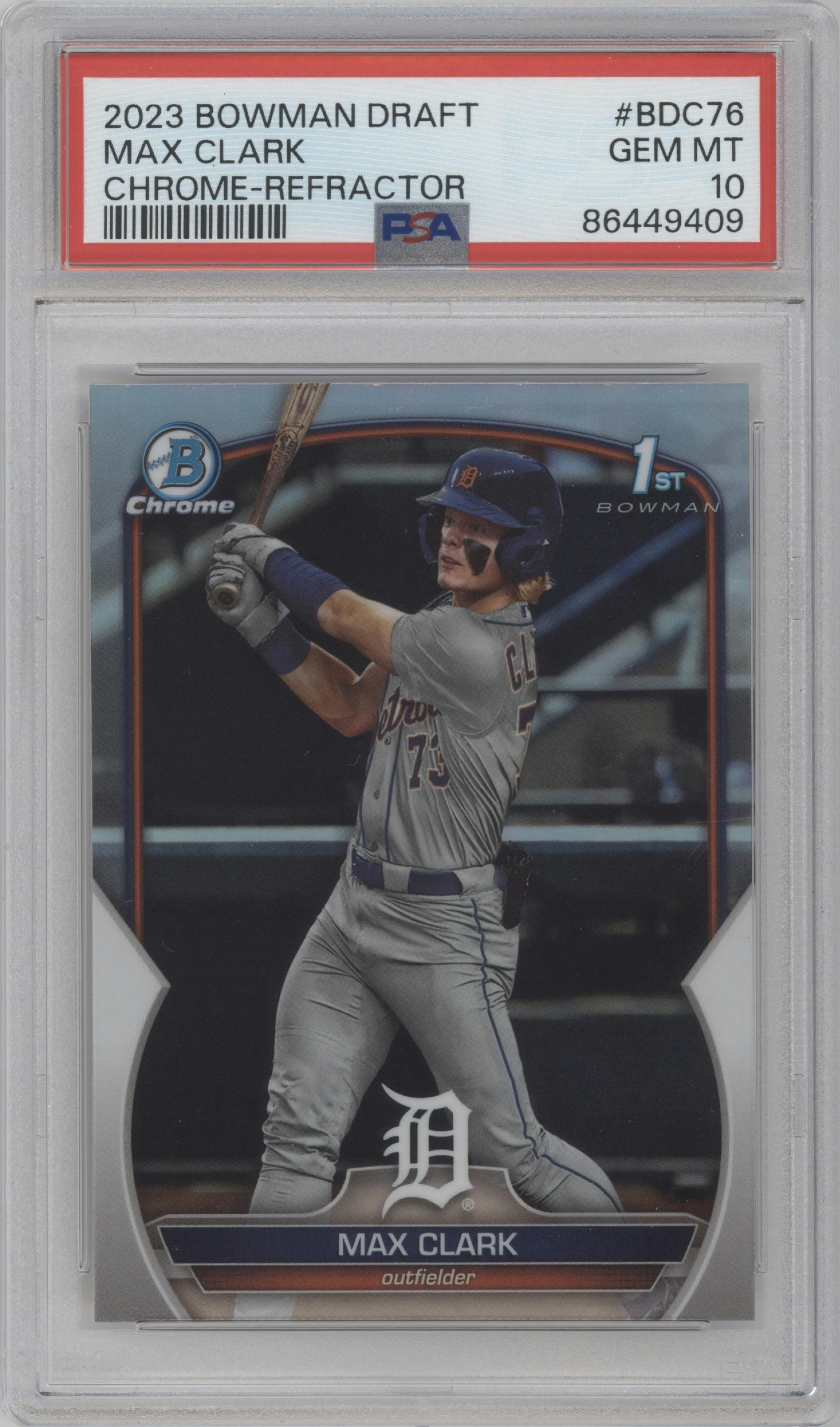 Max Clark from the 2023 Bowman Draft set featuring a Refractor parallel graded by PSA and given an overall grade of 10.