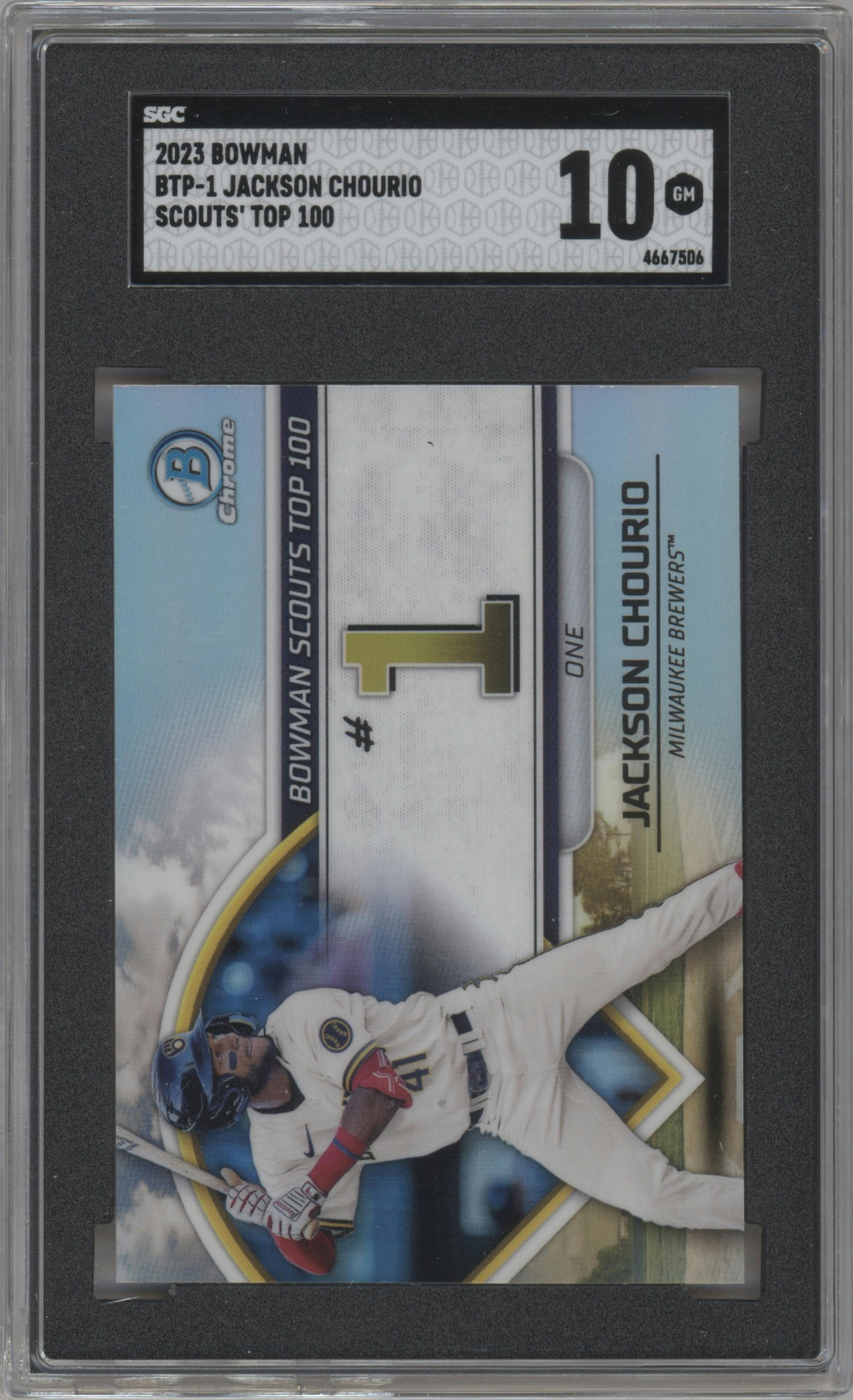 Jackson Chourio from the 2023 Bowman  set graded by SGC and given an overall grade of 10.