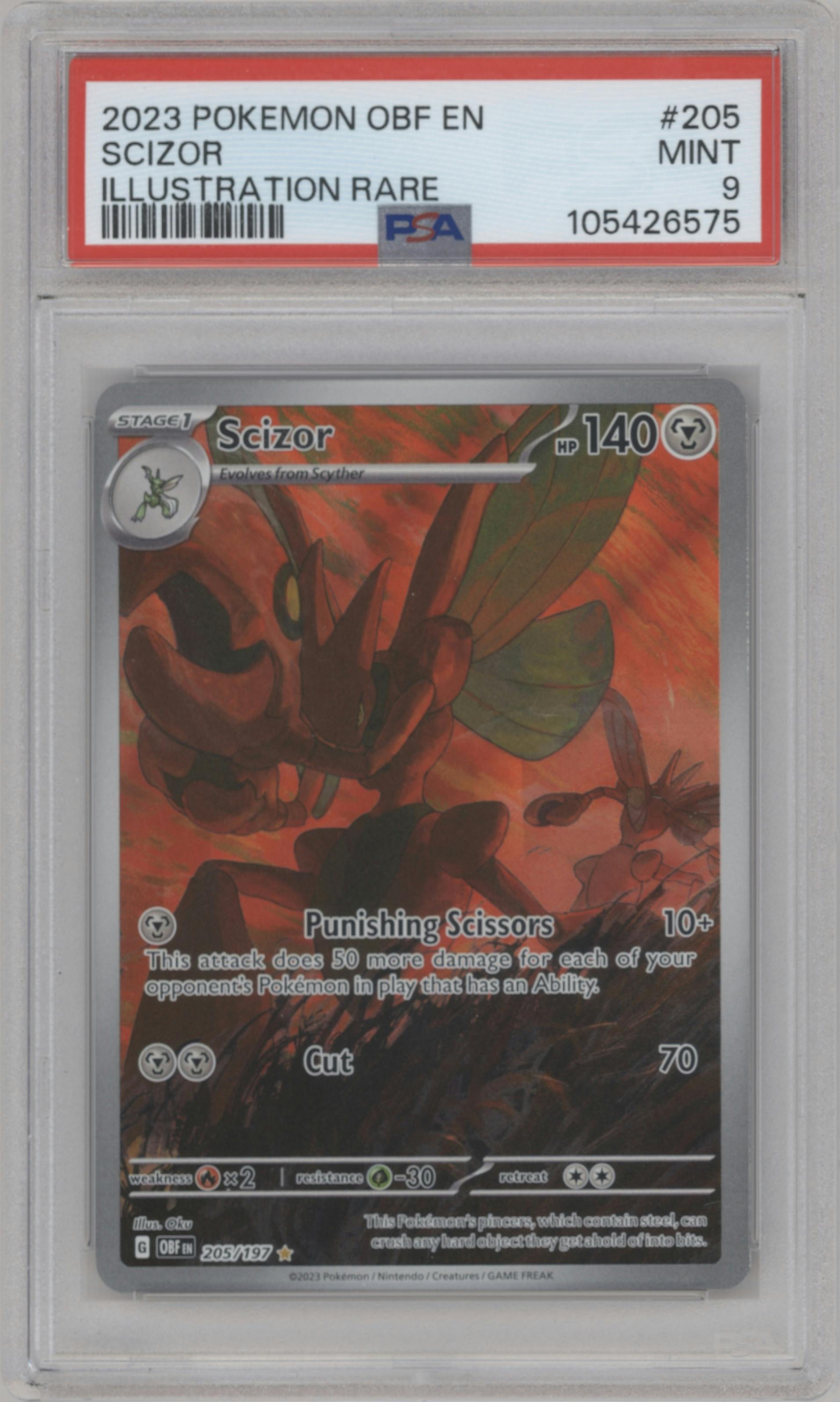 Scizor from the 2023 Pokemon SV set graded by PSA and given an overall grade of 9.
