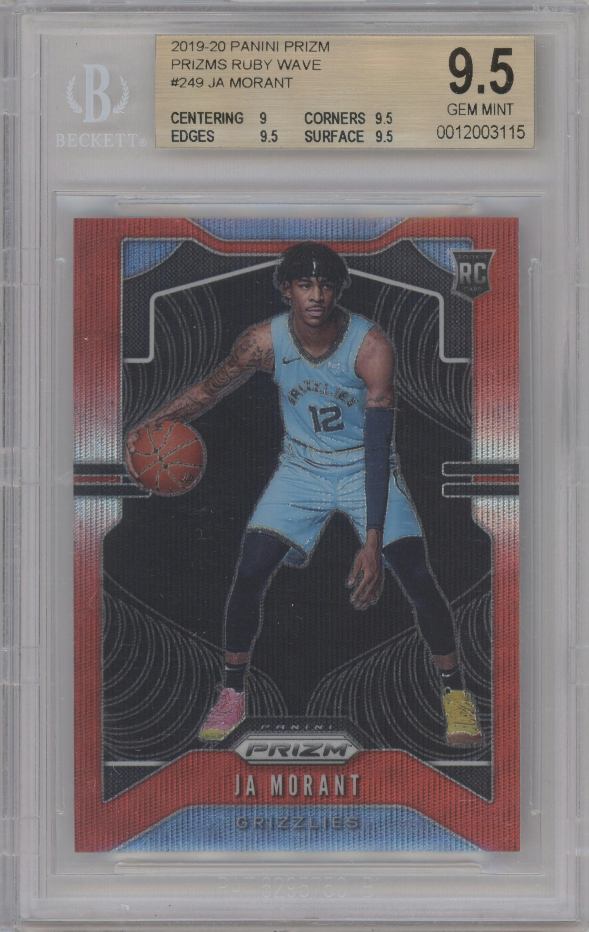 Ja Morant from the 2019-20 Panini Prizm set featuring a Ruby Wave parallel graded by Beckett and given an overall grade of 9.5.