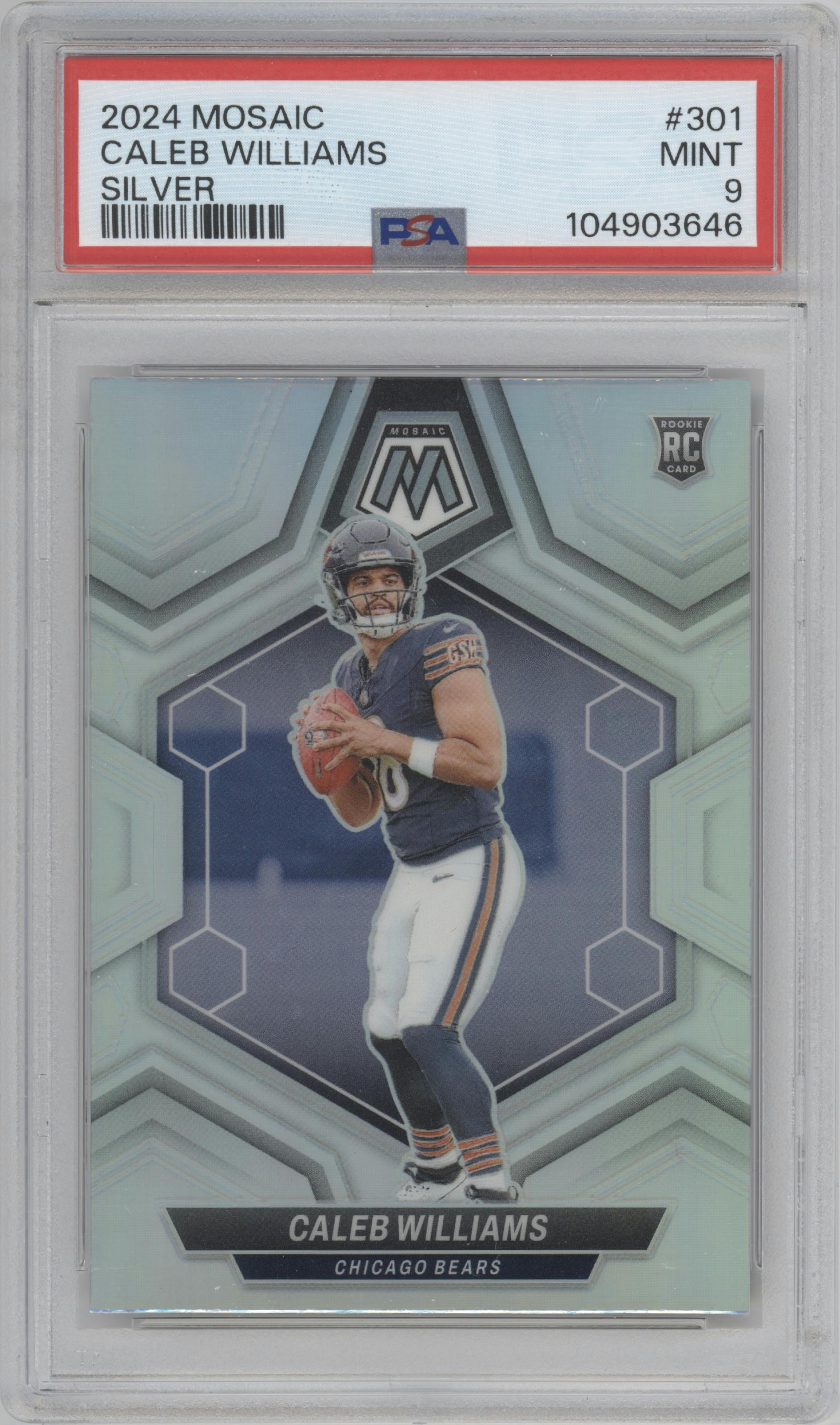 Caleb Williams from the 2024 Panini Mosaic set featuring a Silver parallel graded by PSA and given an overall grade of 9.