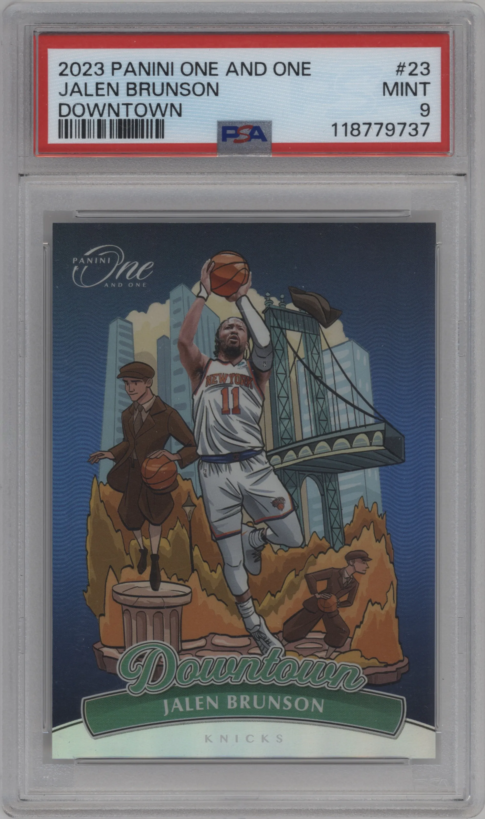 Jalen Brunson from the 2023-24 Panini One and One set graded by PSA and given an overall grade of 9.