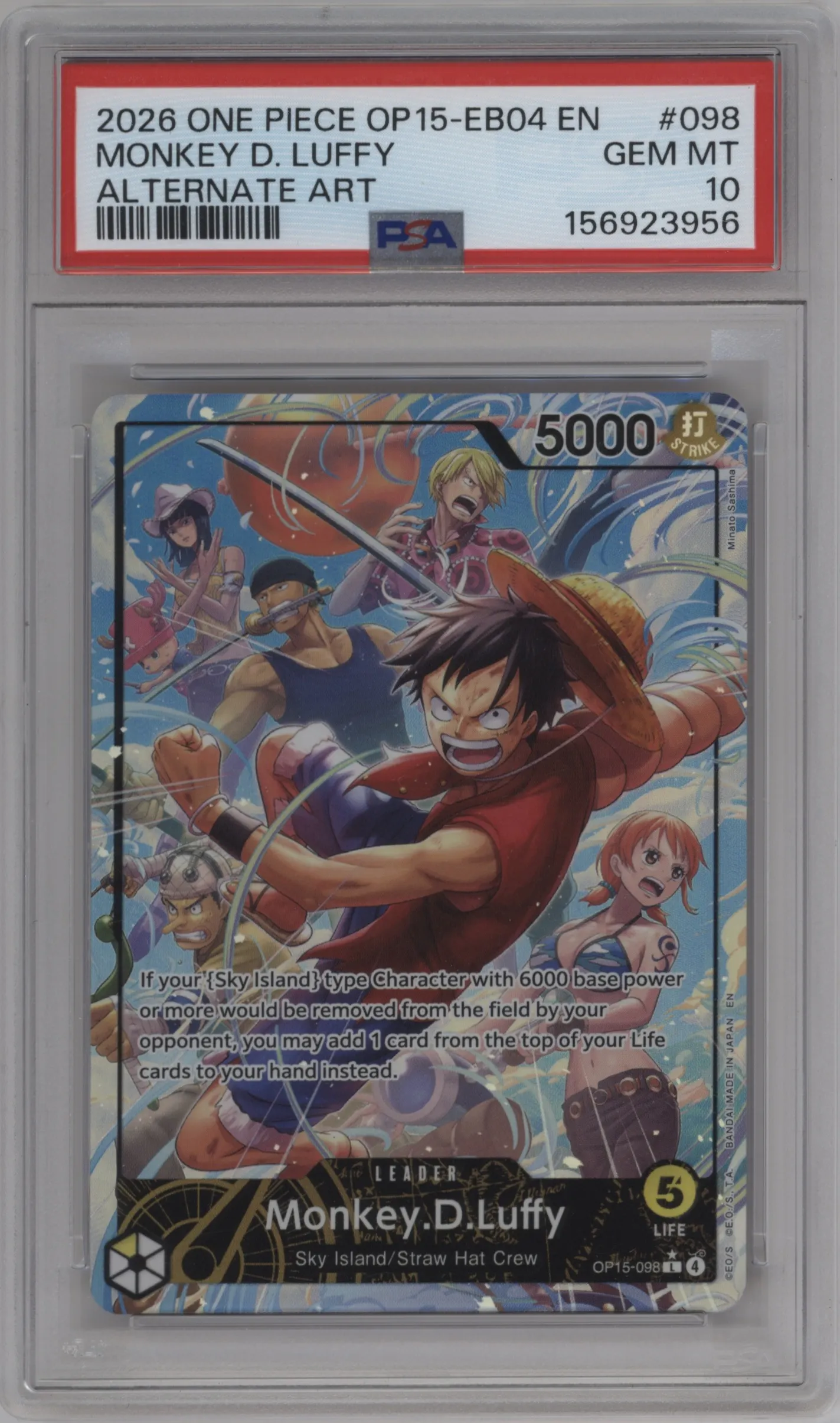 2026 One Piece Adventure on KAMI’s Island Monkey.D.Luffy Alternate Art L #OP15-098 L PSA 10