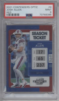 Josh Allen from the 2021 Panini Contenders Optic set featuring a Red parallel graded by PSA and given an overall grade of 9.