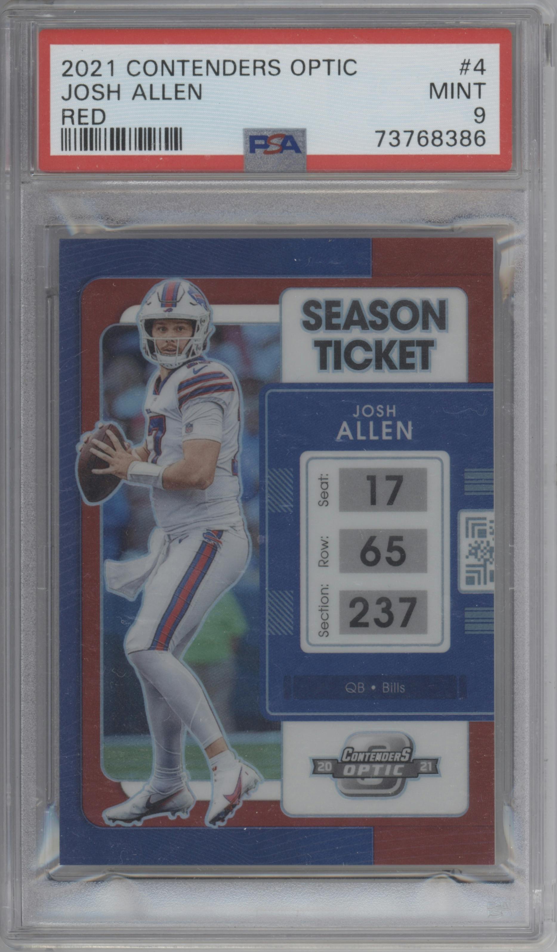 Josh Allen from the 2021 Panini Contenders Optic set featuring a Red parallel graded by PSA and given an overall grade of 9.
