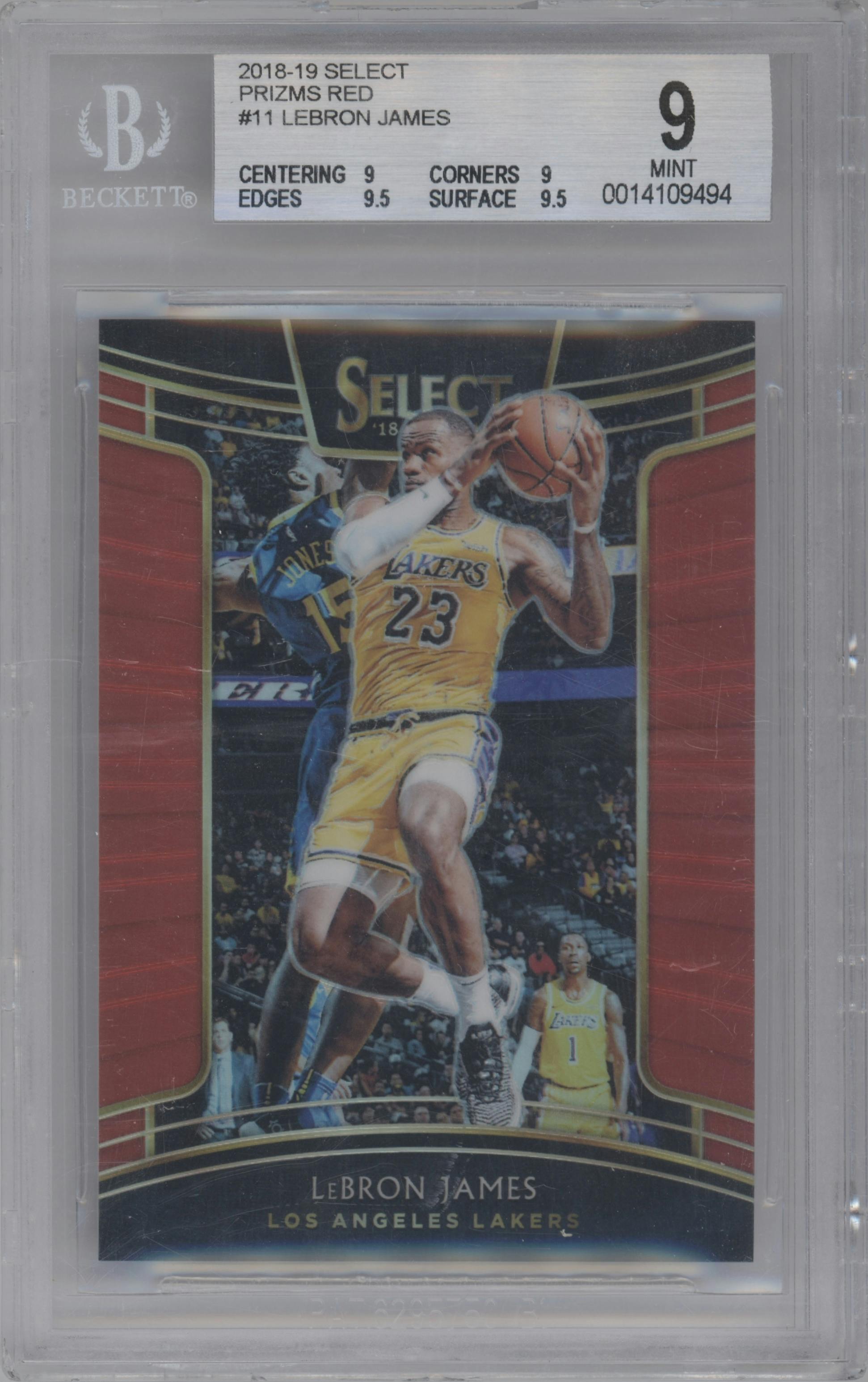 LeBron James from the 2018-19 Panini Select  set featuring a Red Prizm parallel graded by Beckett and given an overall grade of 9.