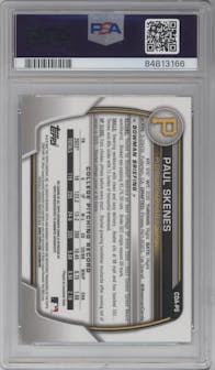 Paul Skenes from the 2023 Bowman Draft set graded by PSA and given an overall grade of 10.