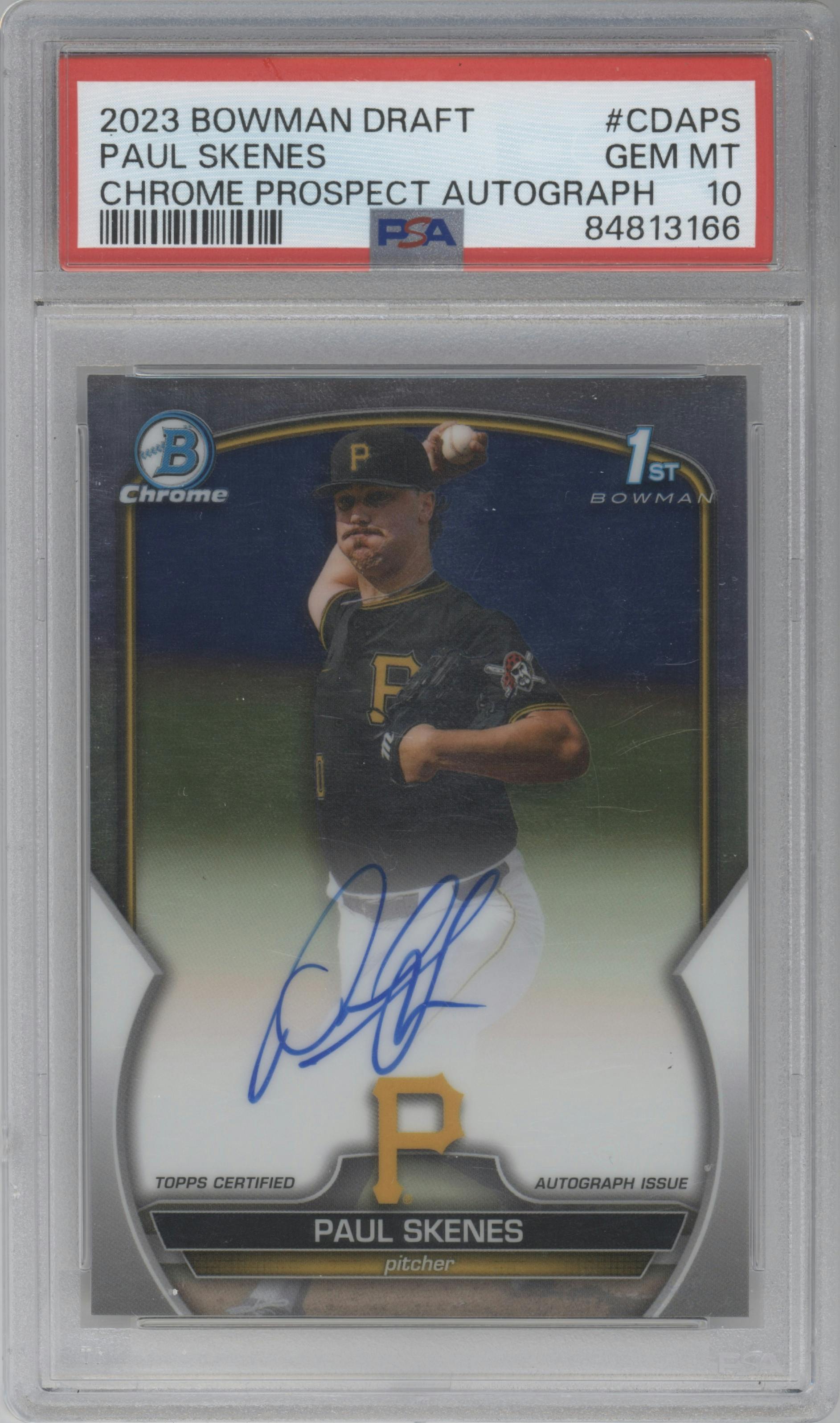 Paul Skenes from the 2023 Bowman Draft set graded by PSA and given an overall grade of 10.