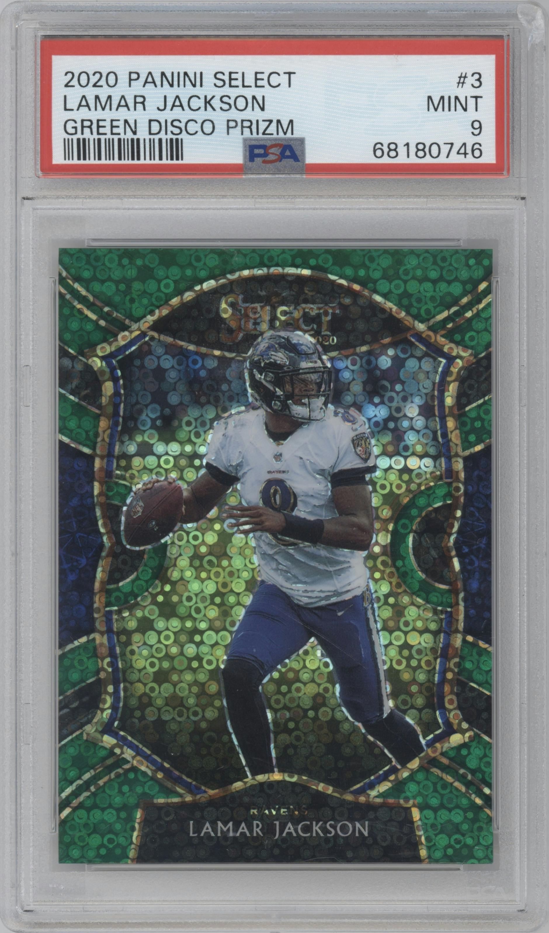 Lamar Jackson from the 2020 Panini Select set featuring a Disco Green parallel graded by PSA and given an overall grade of 9.