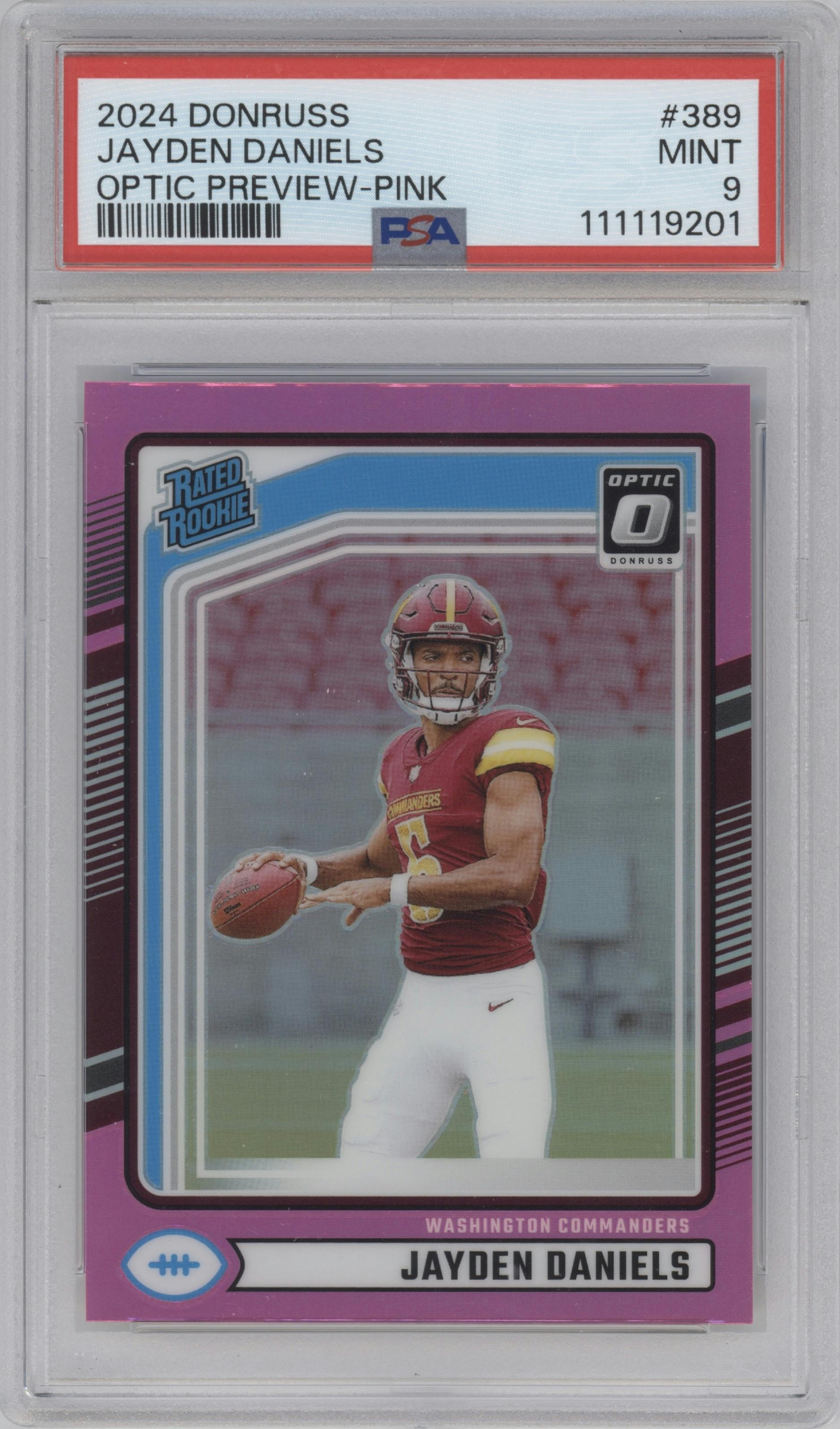 Jayden Daniels from the 2024 Donruss set featuring a Pink parallel graded by PSA and given an overall grade of 9.
