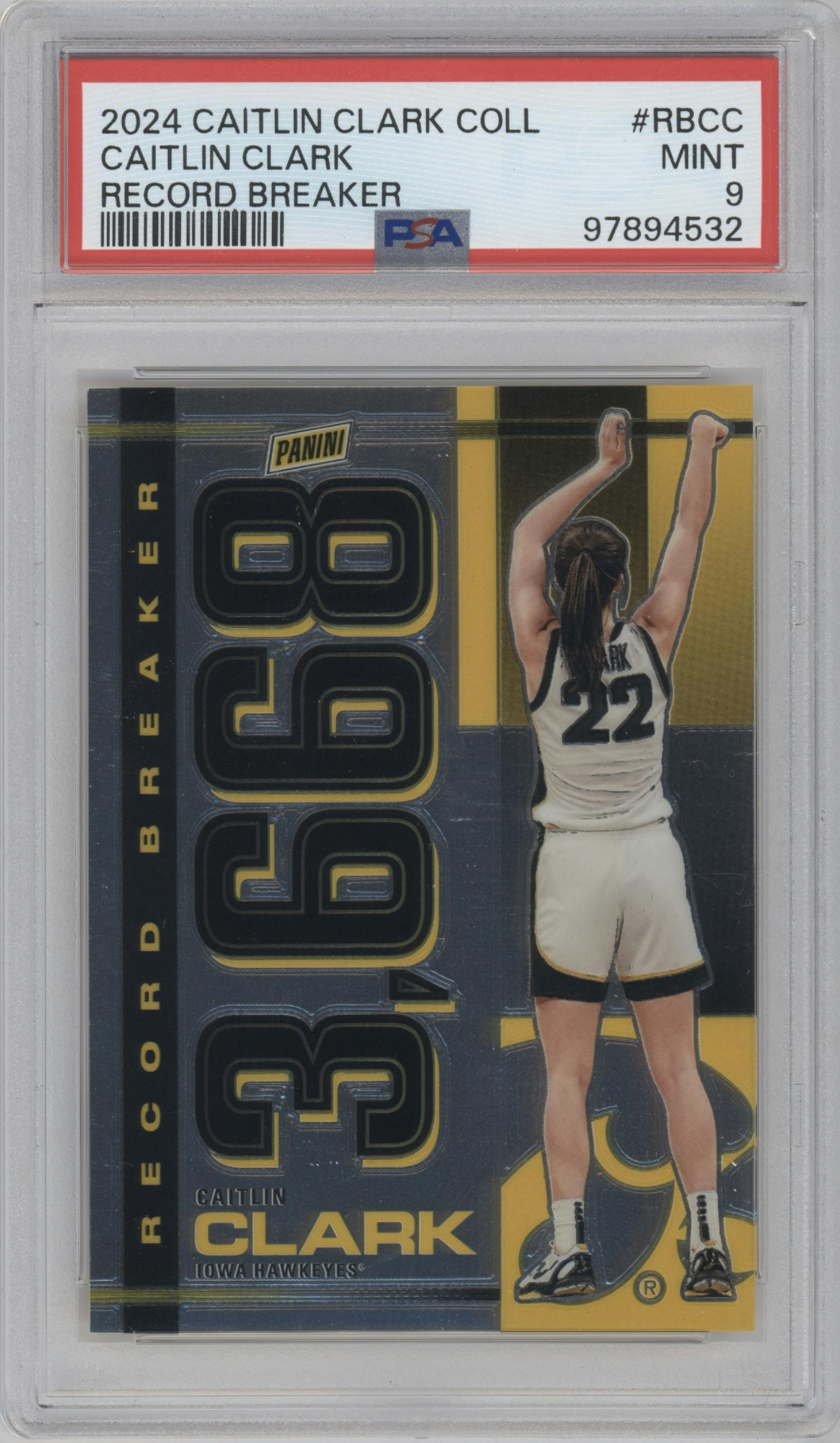 Caitlin Clark from the 2024 Panini Caitlin Clark Collection set graded by PSA and given an overall grade of 9.