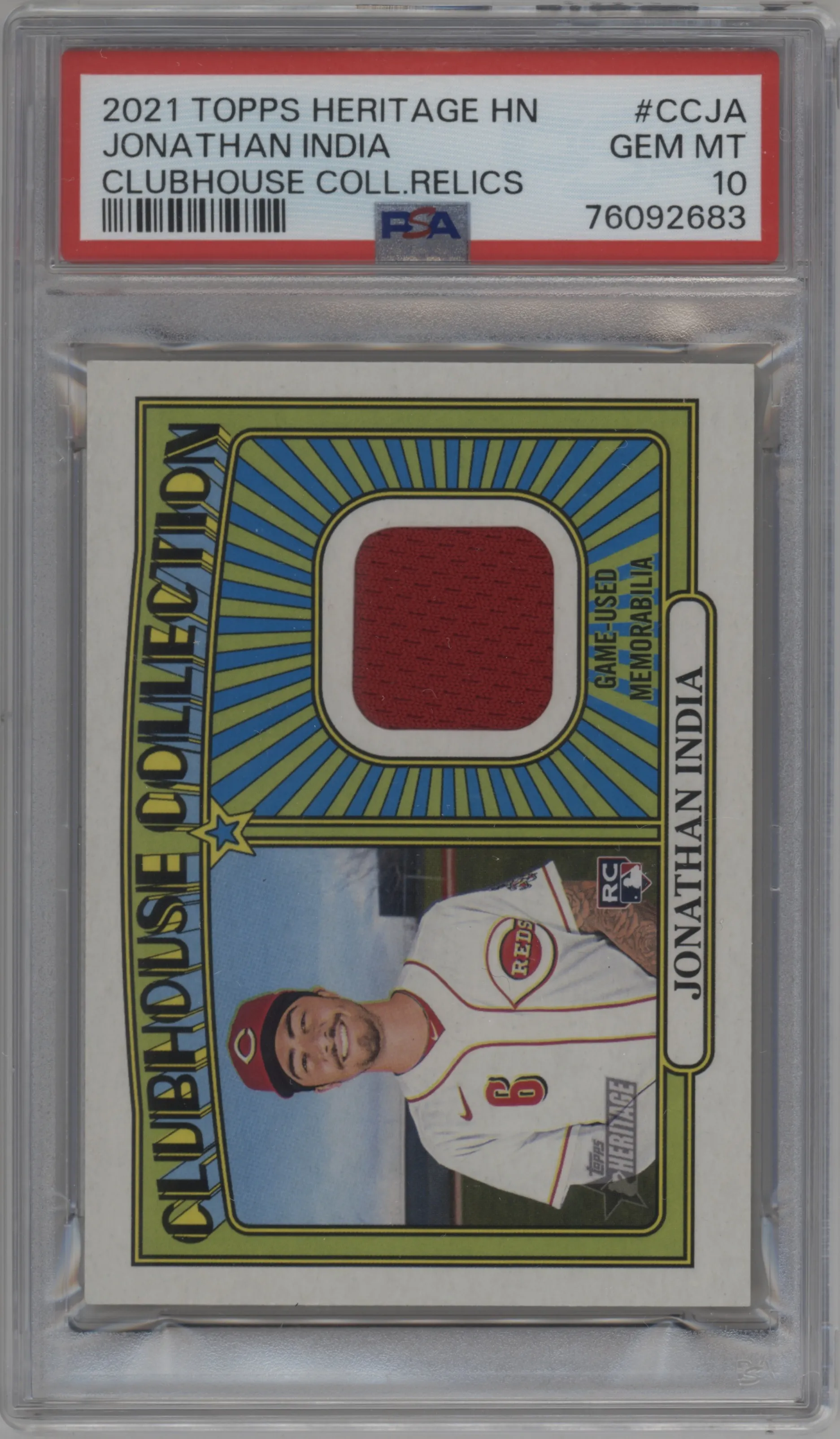 2021 Topps Heritage High Number Clubhouse Col.Relic Jonathan India PSA 10