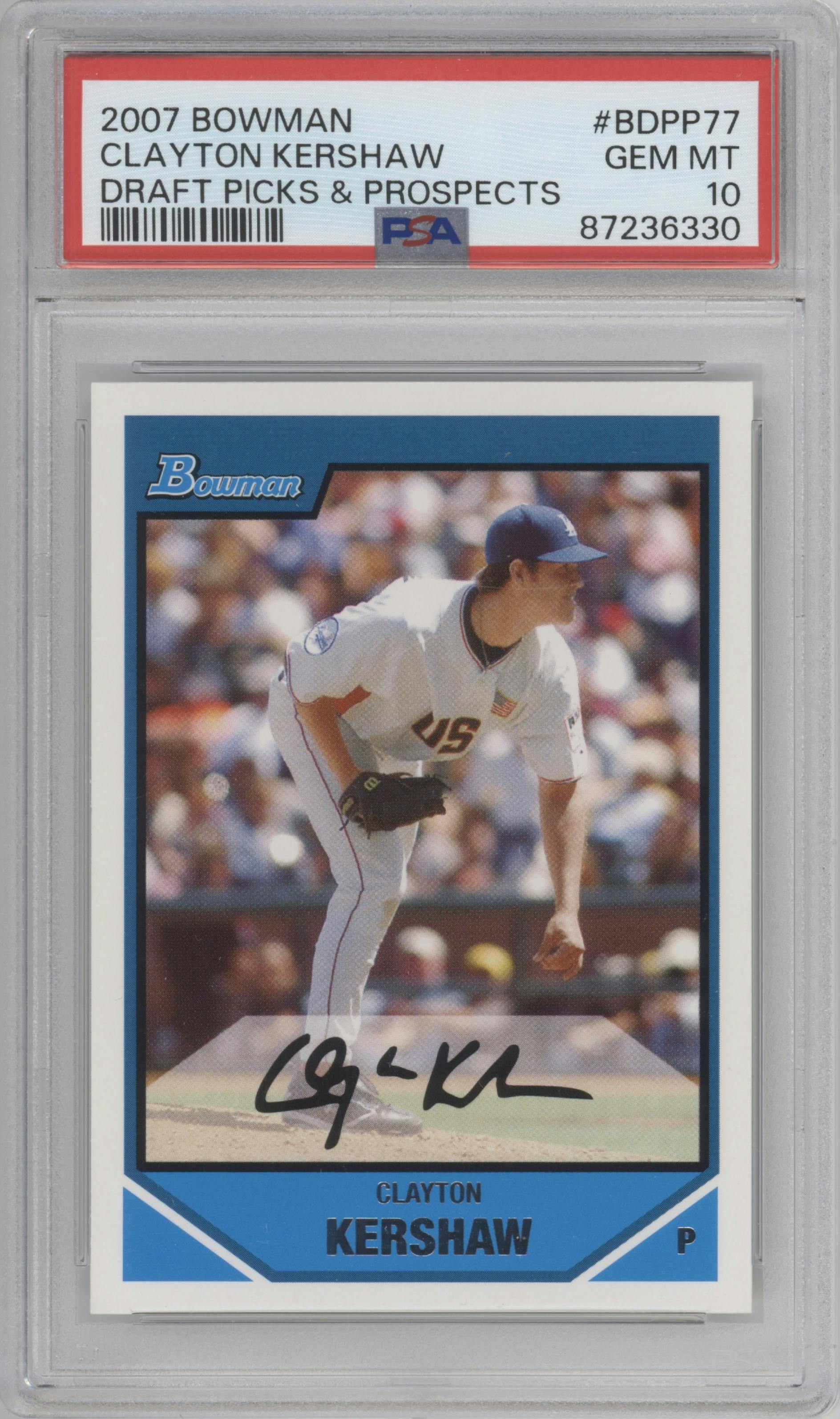 Clayton Kershaw from the 2007 Bowman set graded by PSA and given an overall grade of 10.