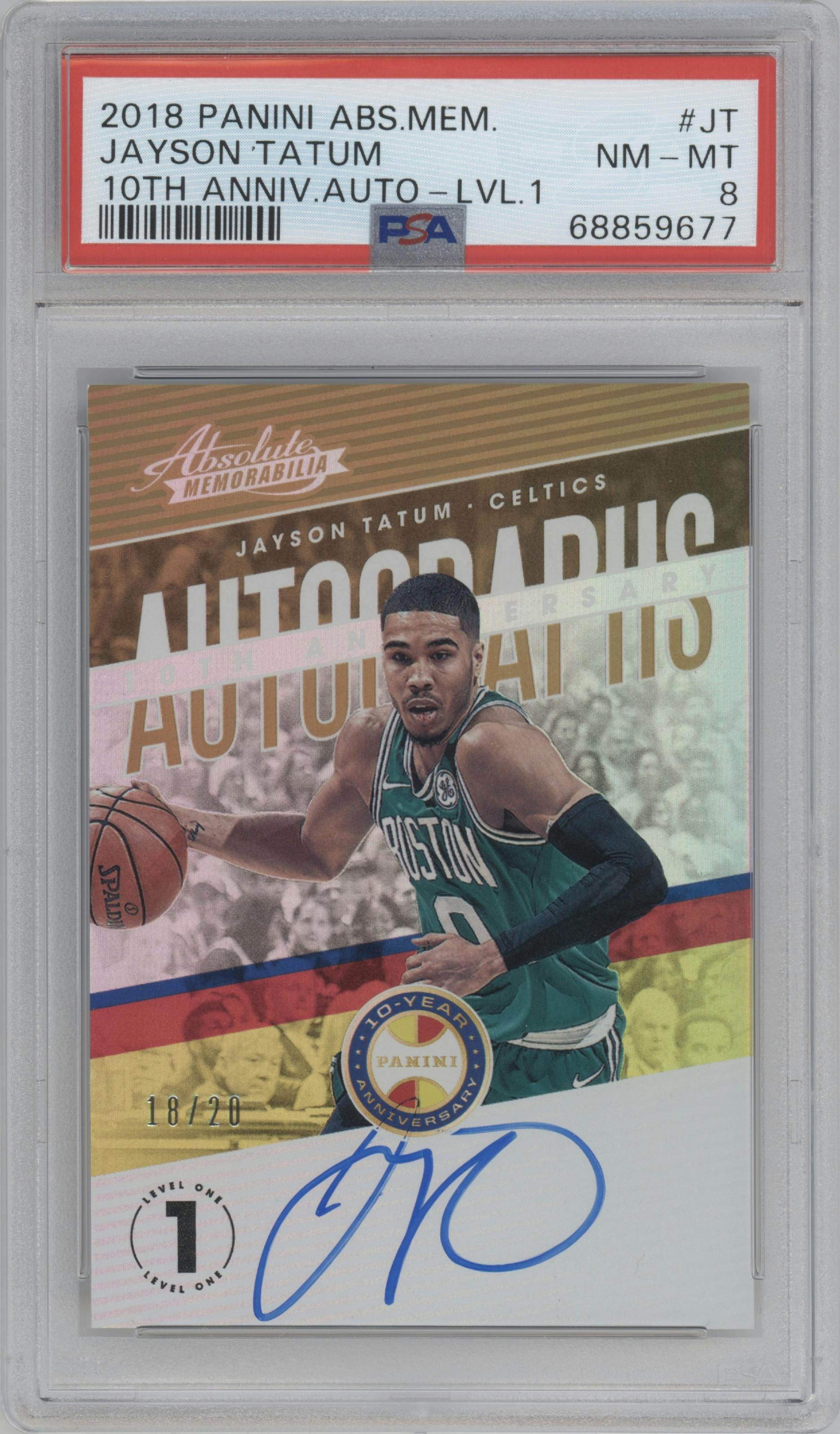 Jayson Tatum from the 2018-19 Panini Absolute Memorabilia set graded by PSA and given an overall grade of 8.