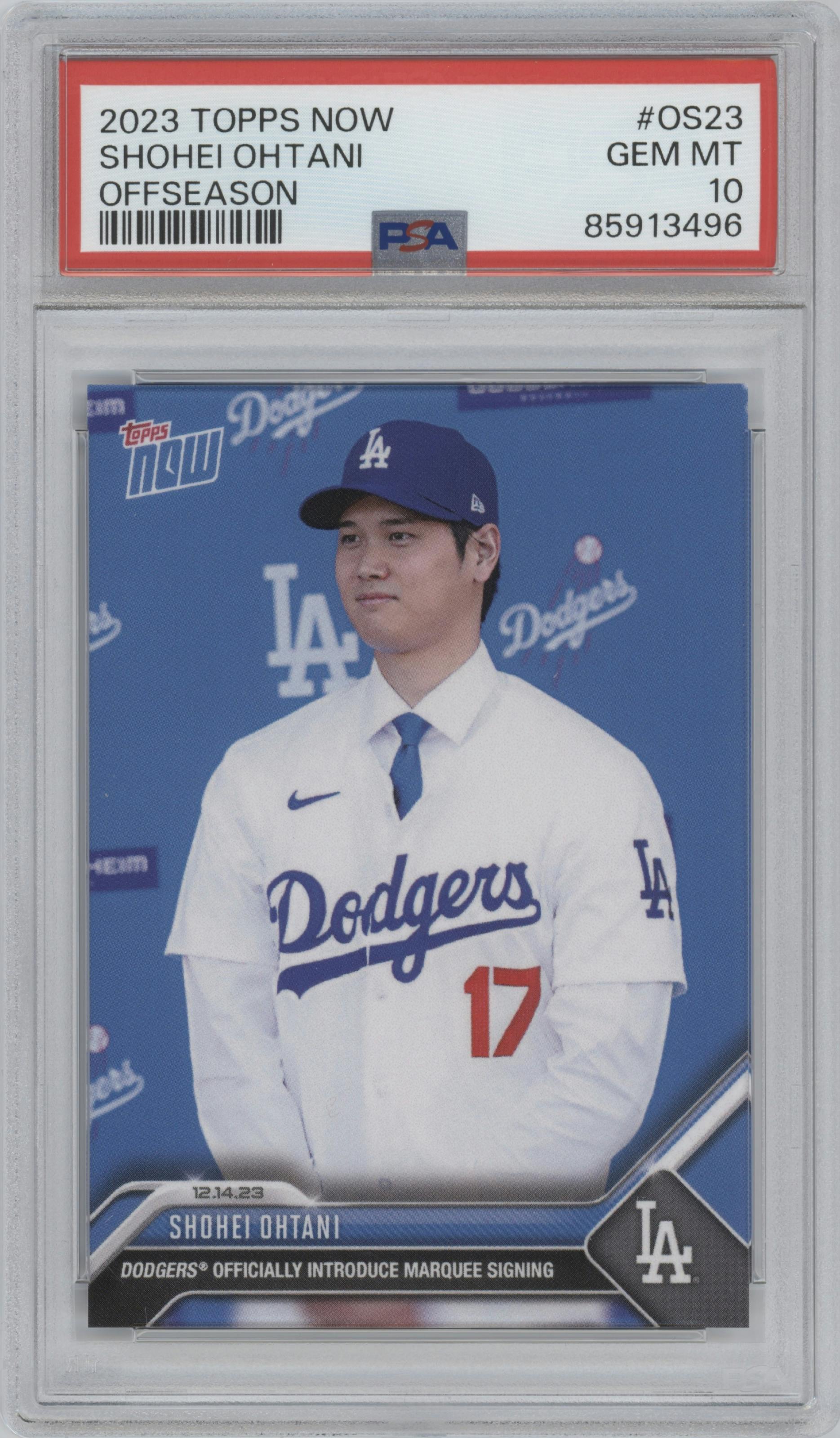 Shohei Ohtani from the 2023-24 Topps Now Off-Season set graded by PSA and given an overall grade of 10.