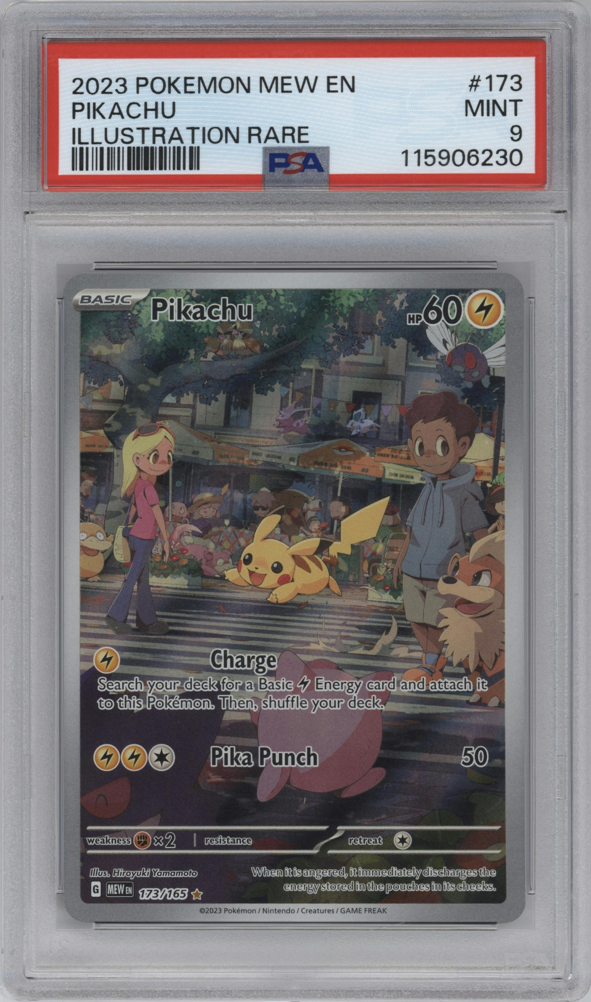 Pikachu from the 2023 Pokemon SV set graded by PSA and given an overall grade of 9.
