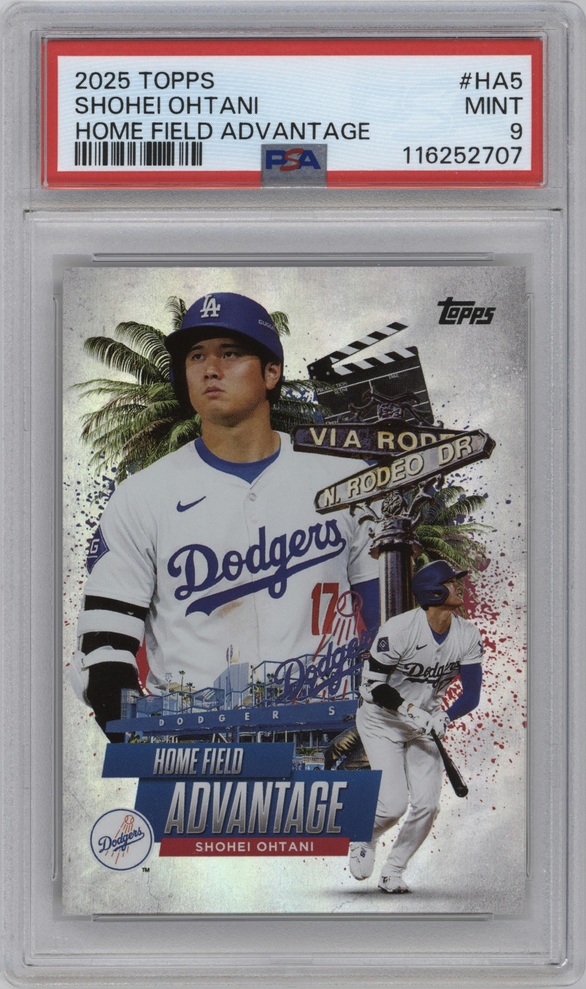 Shohei Ohtani from the 2025 Topps set graded by PSA and given an overall grade of 9.