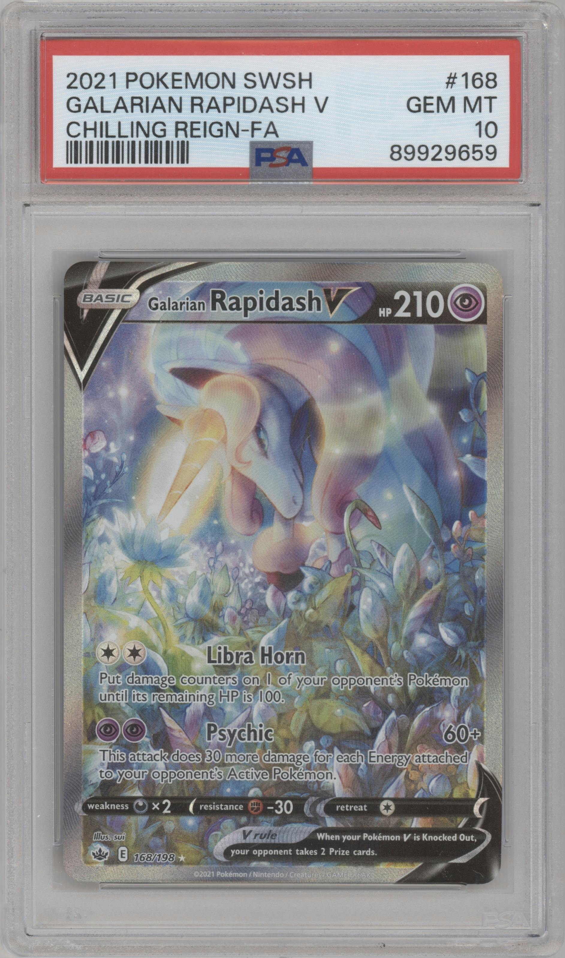 Galarian Rapidash V from the 2021 Pokemon SWSH set graded by PSA and given an overall grade of 10.