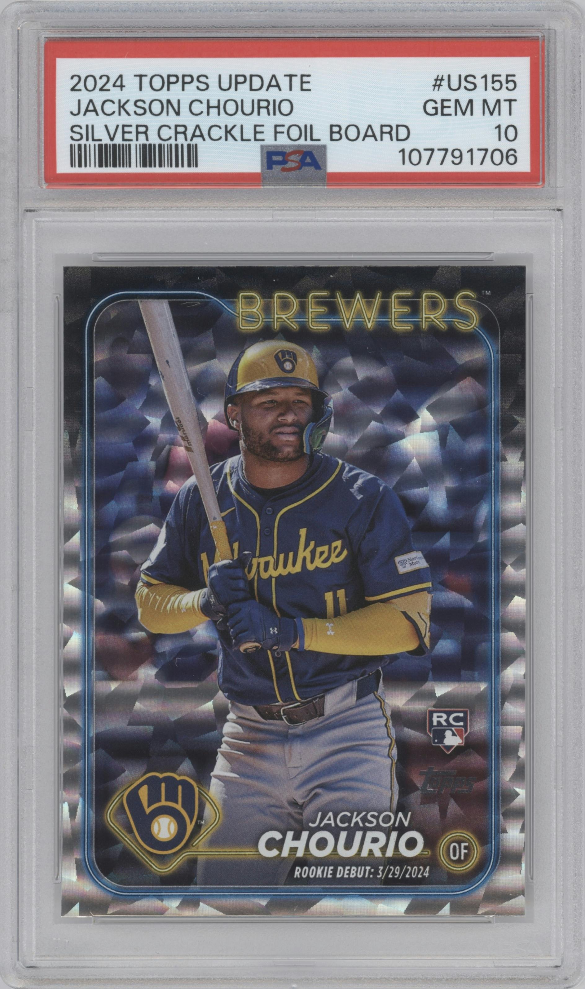 Jackson Chourio from the 2024 Topps Update set featuring a Silver Crackle Foilboard parallel graded by PSA and given an overall grade of 10.