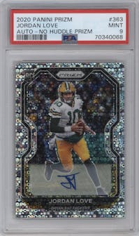 Jordan Love from the 2020 Panini Prizm set featuring a No Huddle parallel graded by PSA and given an overall grade of 9.
