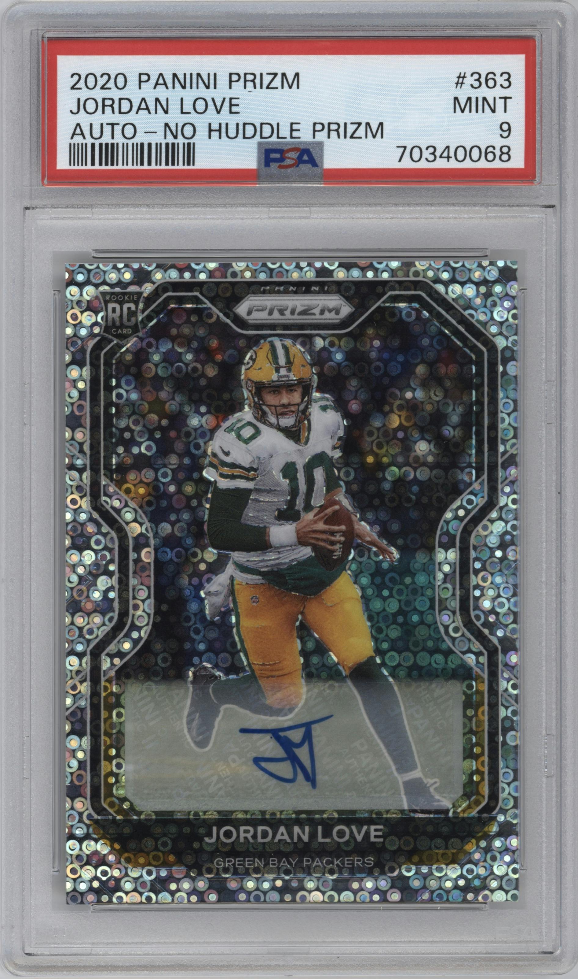 Jordan Love from the 2020 Panini Prizm set featuring a No Huddle parallel graded by PSA and given an overall grade of 9.