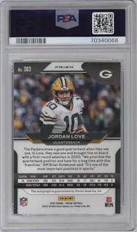 Jordan Love from the 2020 Panini Prizm set featuring a No Huddle parallel graded by PSA and given an overall grade of 9.