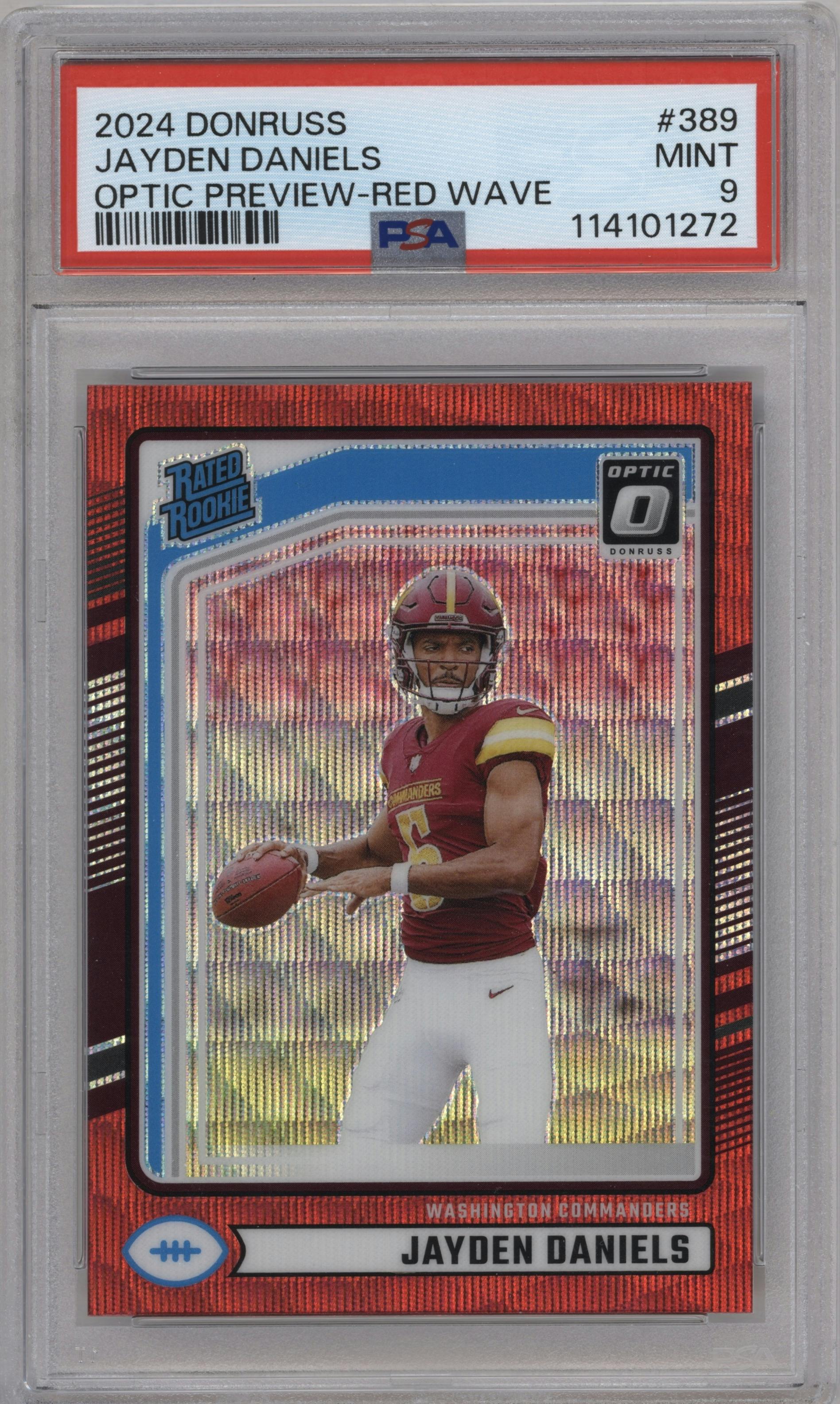 Jayden Daniels from the 2024 Donruss set featuring a Red Wave parallel graded by PSA and given an overall grade of 9.