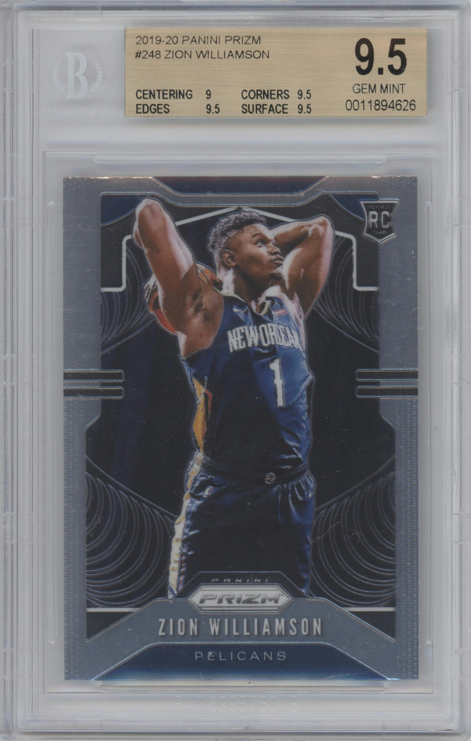 Zion Williamson from the 2019-20 Panini Prizm set graded by Beckett and given an overall grade of 9.5.