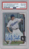 Walker Buehler from the 2015 Bowman Draft set featuring a Refractor parallel graded by PSA and given an overall grade of 10.