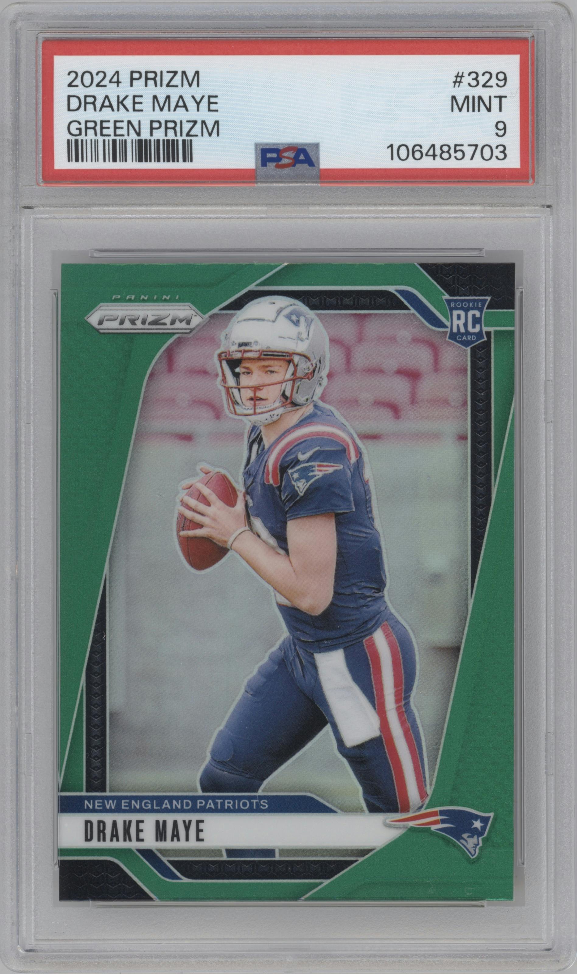 Drake Maye from the 2024 Panini Prizm set featuring a Green Prizm parallel graded by PSA and given an overall grade of 9.