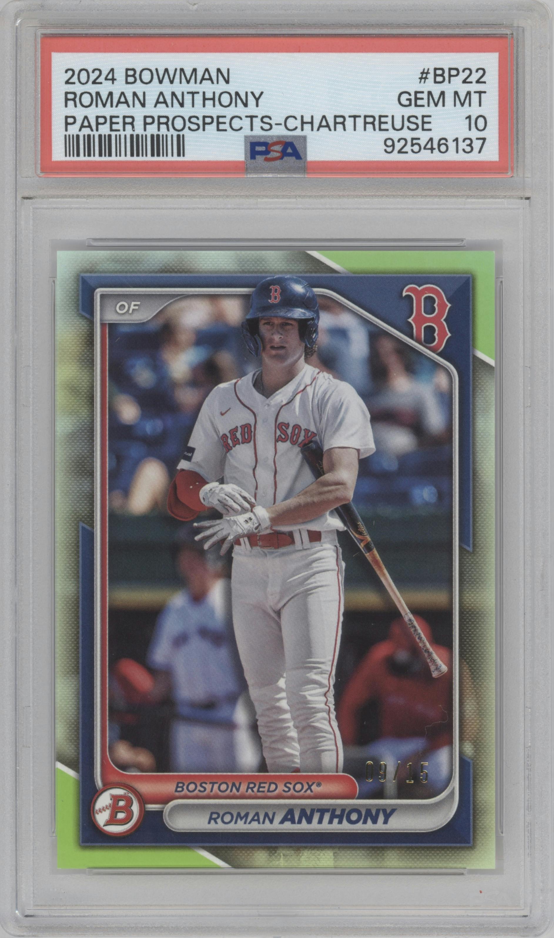 Roman Anthony from the 2024 Bowman set featuring a Chartreuse parallel graded by PSA and given an overall grade of 10.