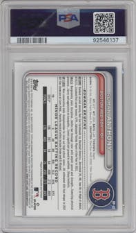 Roman Anthony from the 2024 Bowman set featuring a Chartreuse parallel graded by PSA and given an overall grade of 10.