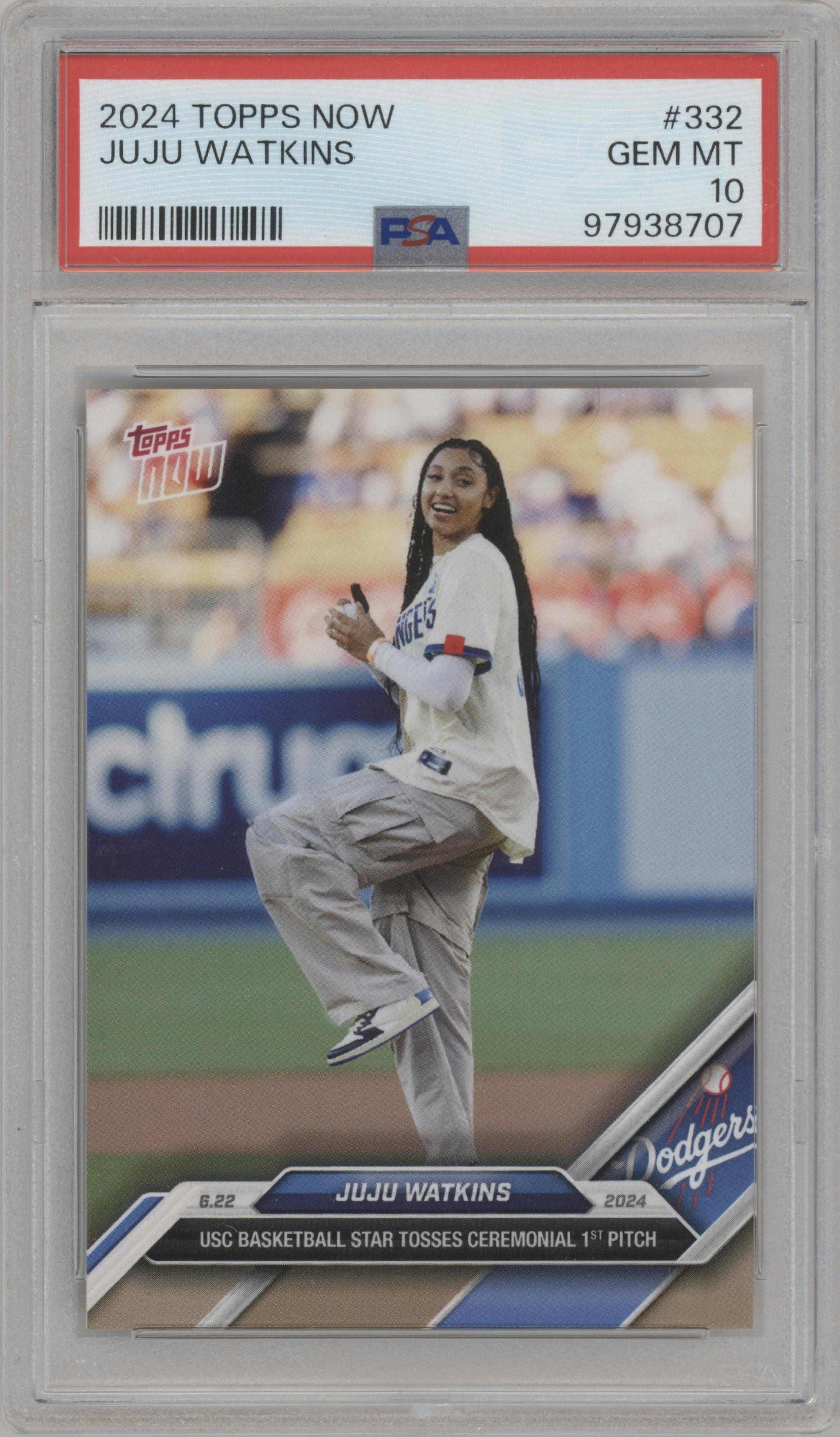 JuJu Watkins from the 2024 Topps Now set graded by PSA and given an overall grade of 10.