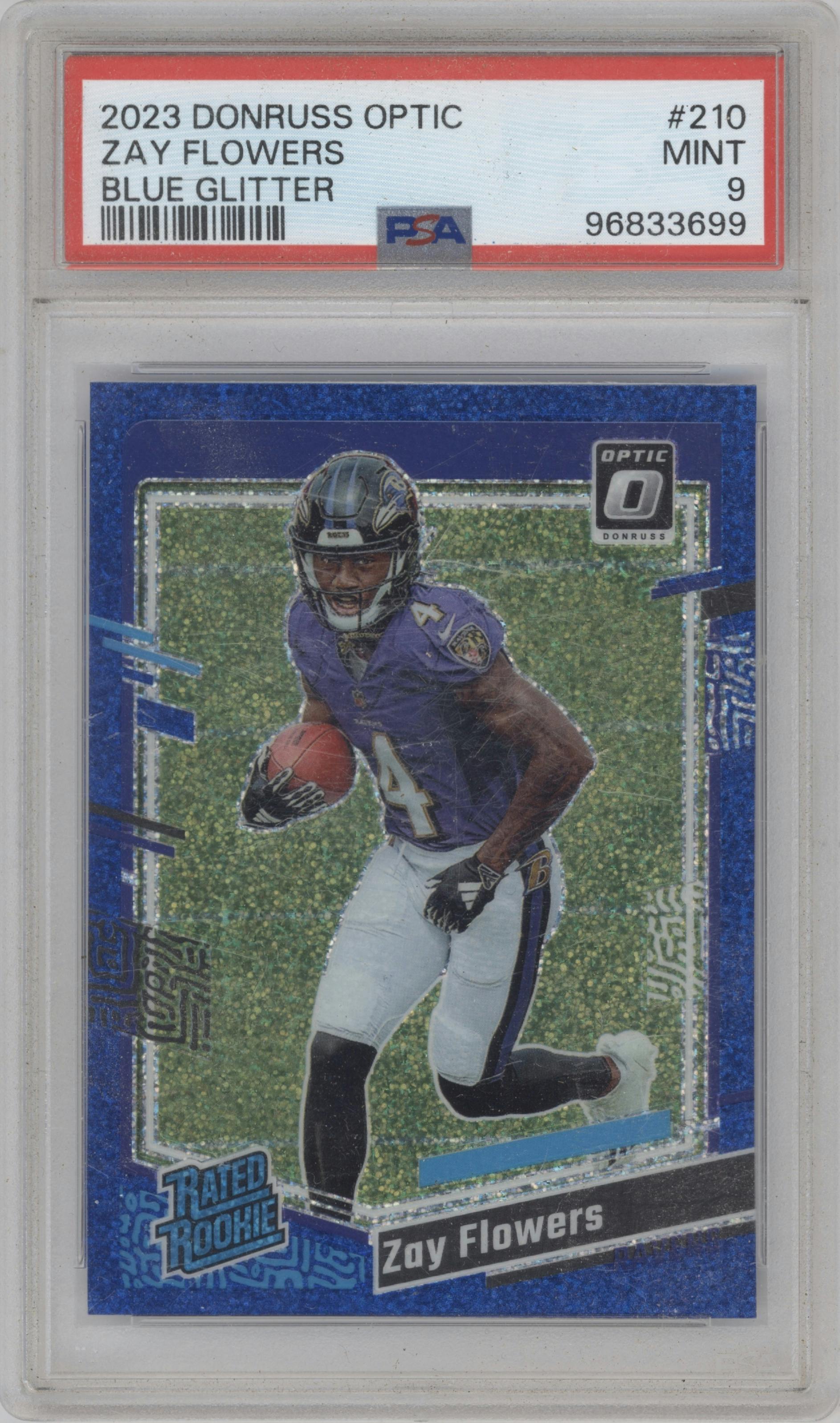 Zay Flowers from the 2023 Donruss Optic set featuring a Blue Glitter parallel graded by PSA and given an overall grade of 9.