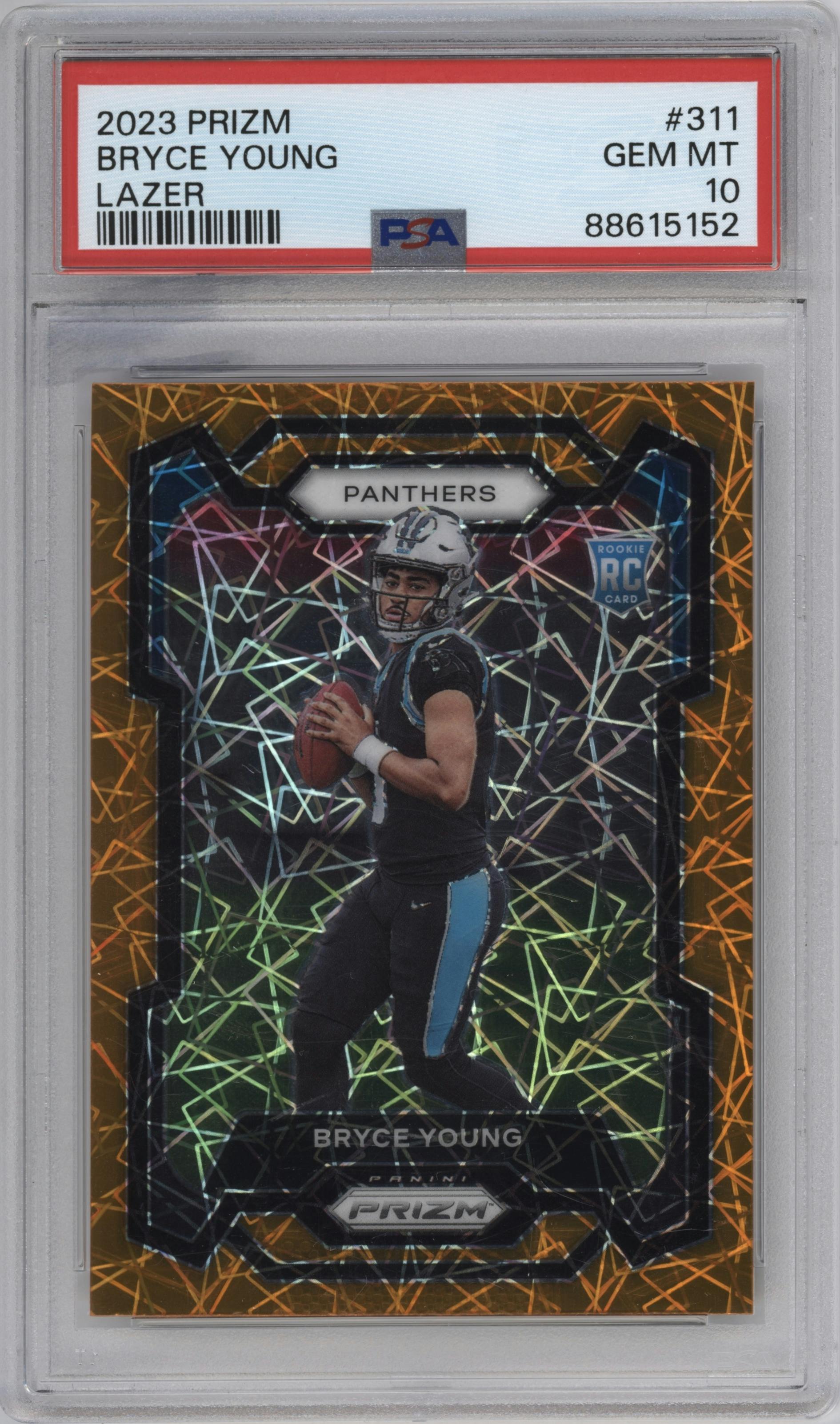 Bryce Young from the 2023 Panini Prizm set featuring a Lazer parallel graded by PSA and given an overall grade of 10.