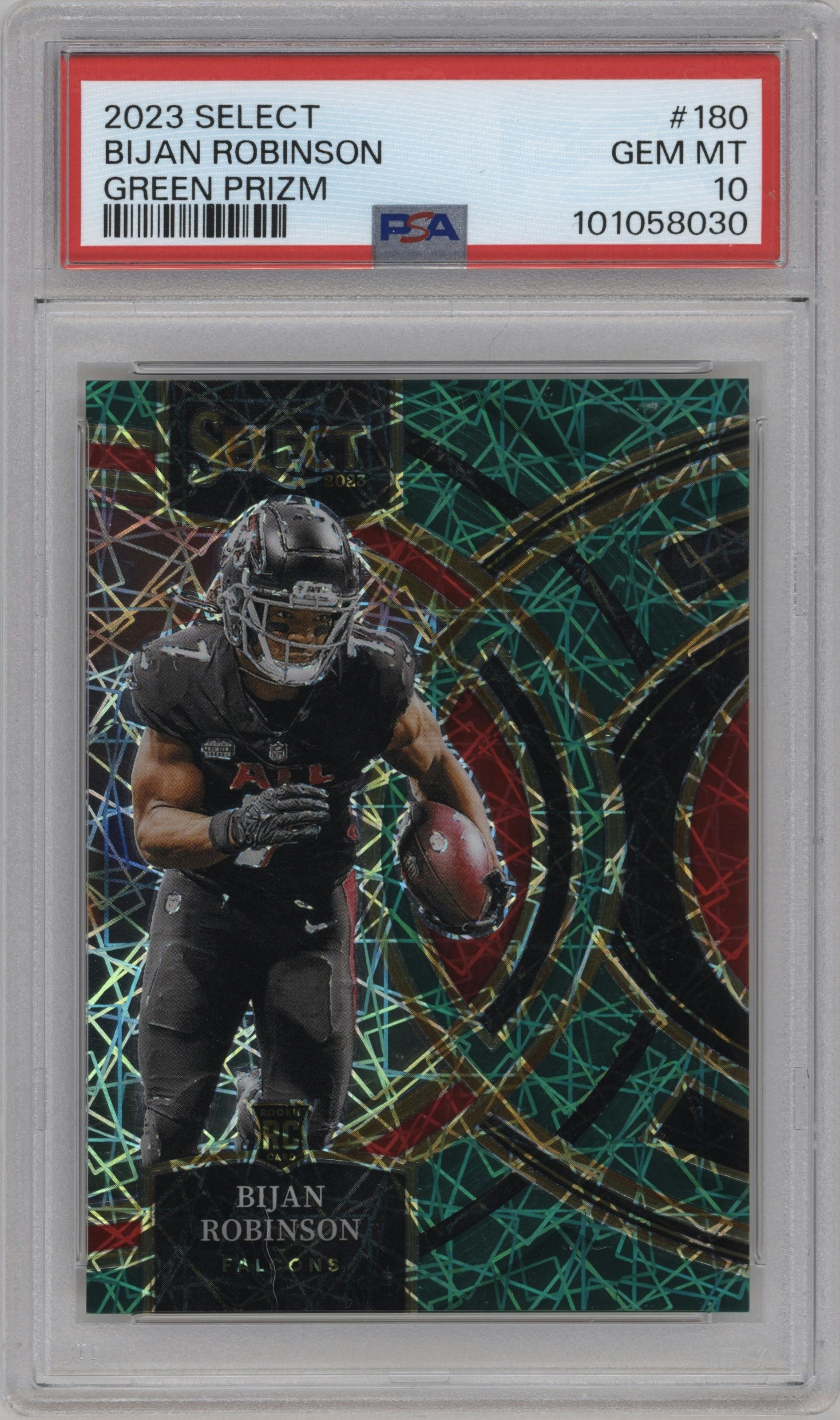 Bijan Robinson from the 2023 Panini Select set featuring a Green Prizm parallel graded by PSA and given an overall grade of 10.