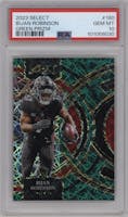 Bijan Robinson from the 2023 Panini Select set featuring a Green Prizm parallel graded by PSA and given an overall grade of 10.