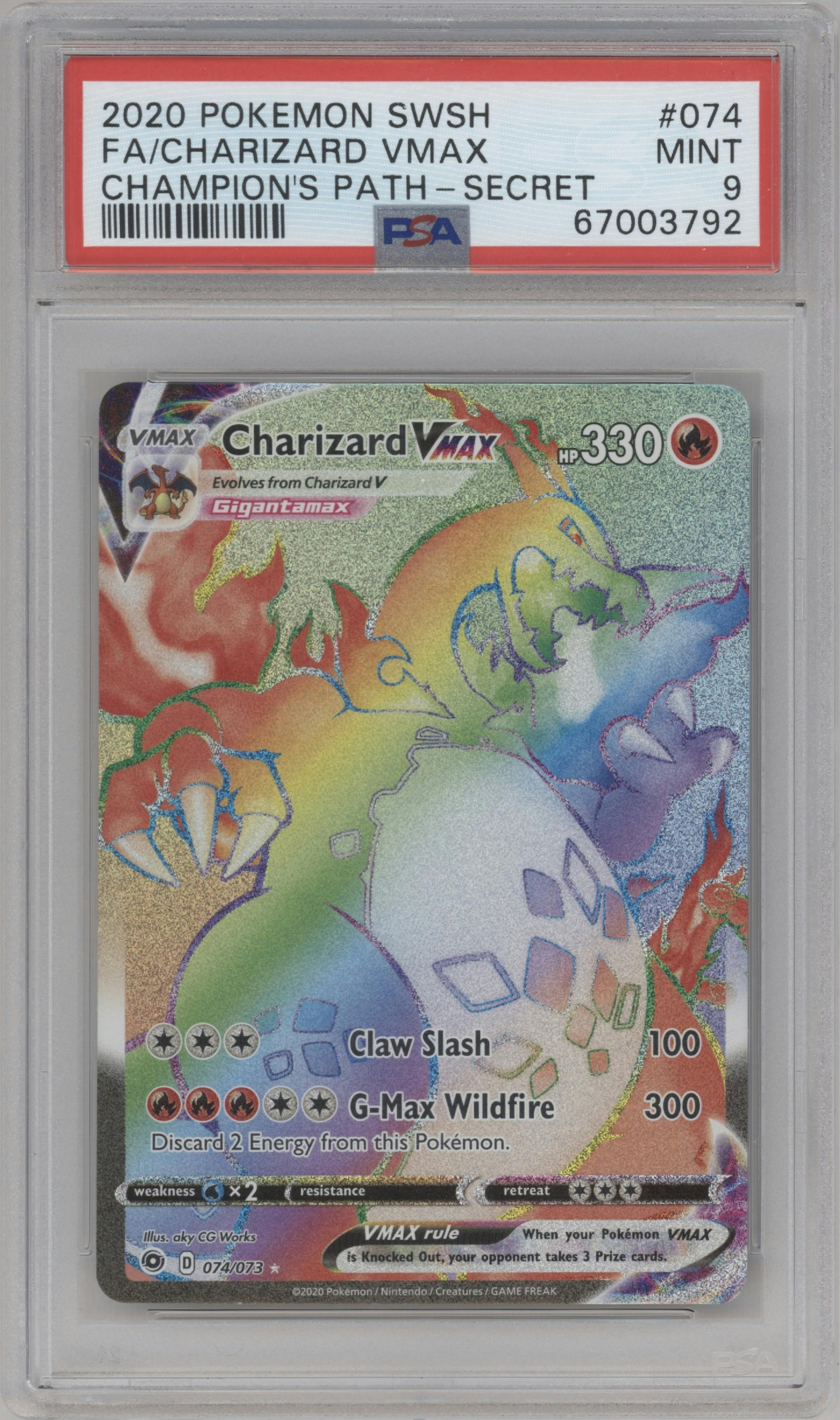 Charizard VMAX from the 2020 Pokemon SWSH set graded by PSA and given an overall grade of 9.