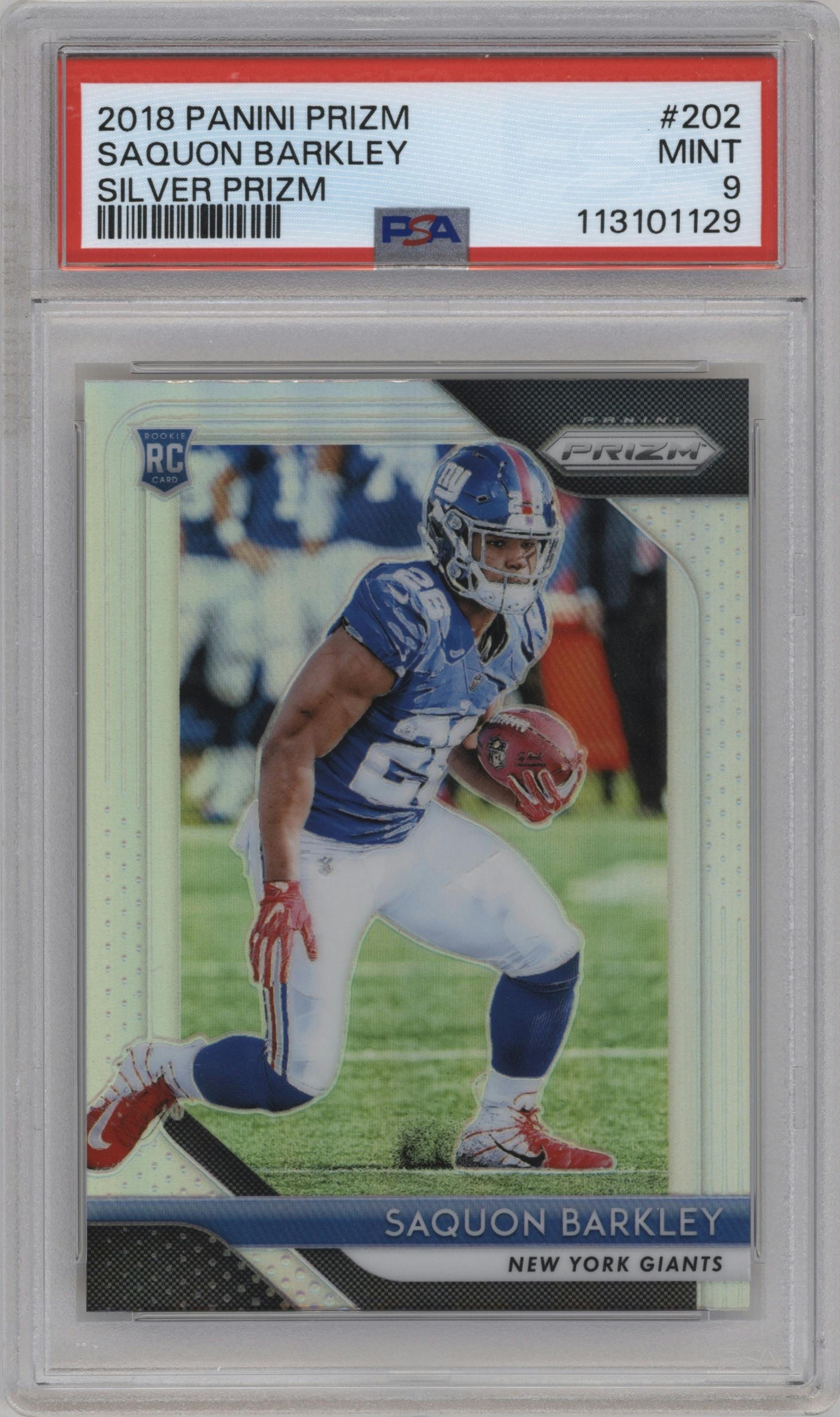 Saquon Barkley from the 2018 Panini Prizm set featuring a Silver Prizm parallel graded by PSA and given an overall grade of 9.