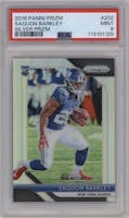 Saquon Barkley from the 2018 Panini Prizm set featuring a Silver Prizm parallel graded by PSA and given an overall grade of 9.