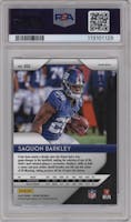 Saquon Barkley from the 2018 Panini Prizm set featuring a Silver Prizm parallel graded by PSA and given an overall grade of 9.