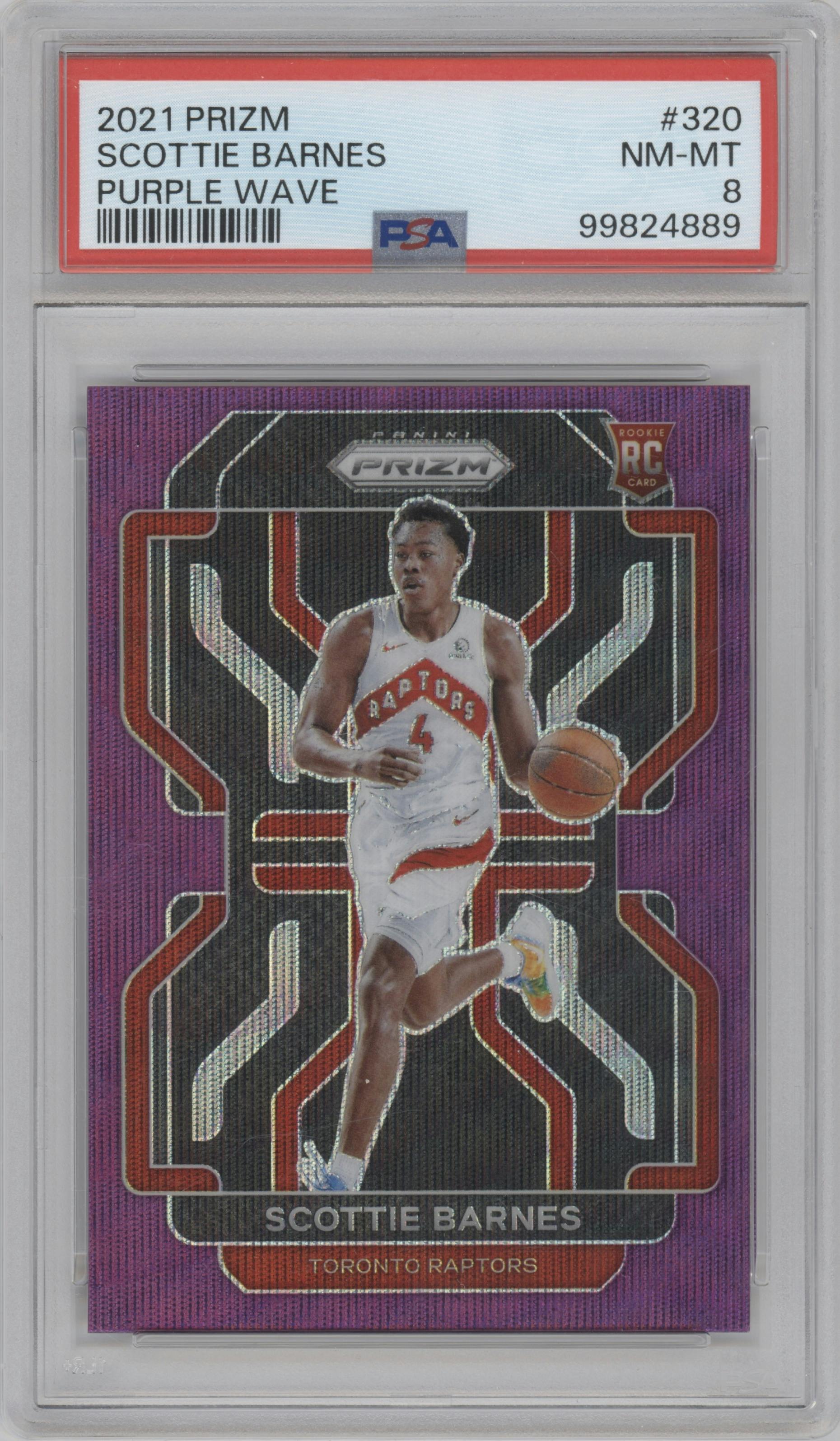 Scottie Barnes from the 2021-22 Panini Prizm  set featuring a Purple Wave parallel graded by PSA and given an overall grade of 8.