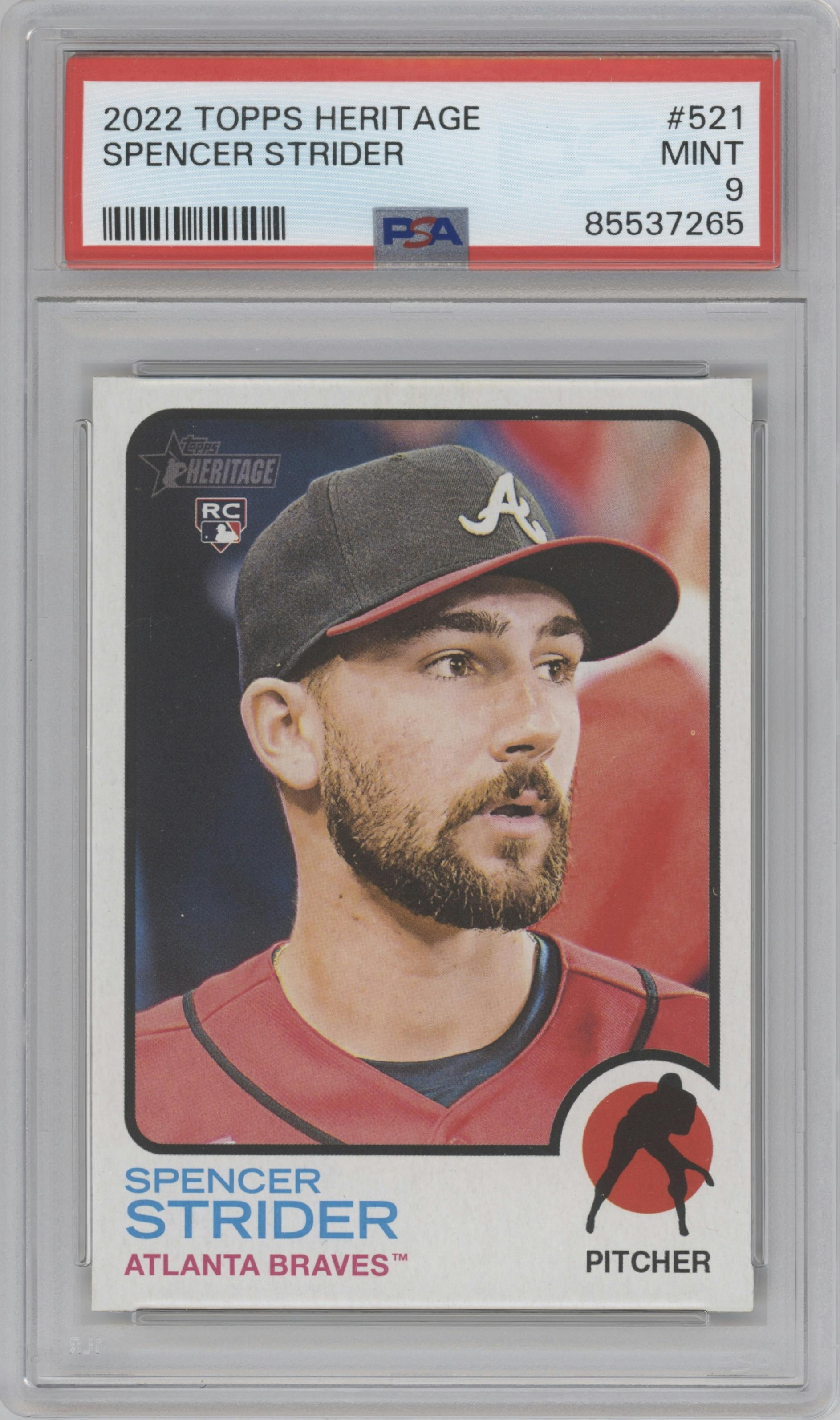 Spencer Strider from the 2022 Topps Heritage High Number set graded by PSA and given an overall grade of 9.