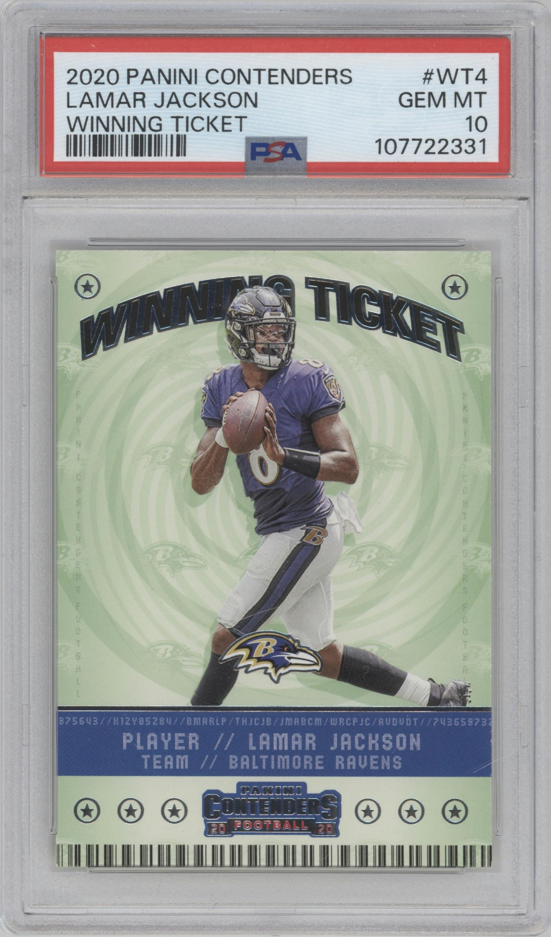 Lamar Jackson from the 2020 Panini Contenders set graded by PSA and given an overall grade of 10.